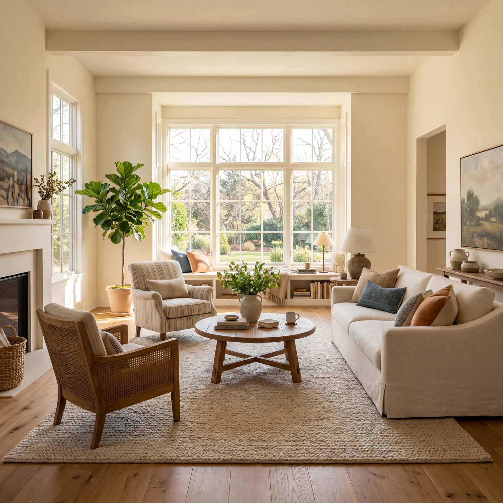 Spacious living room with sofa and armchairs arranged in a conversational grouping away from the walls, area rug anchori