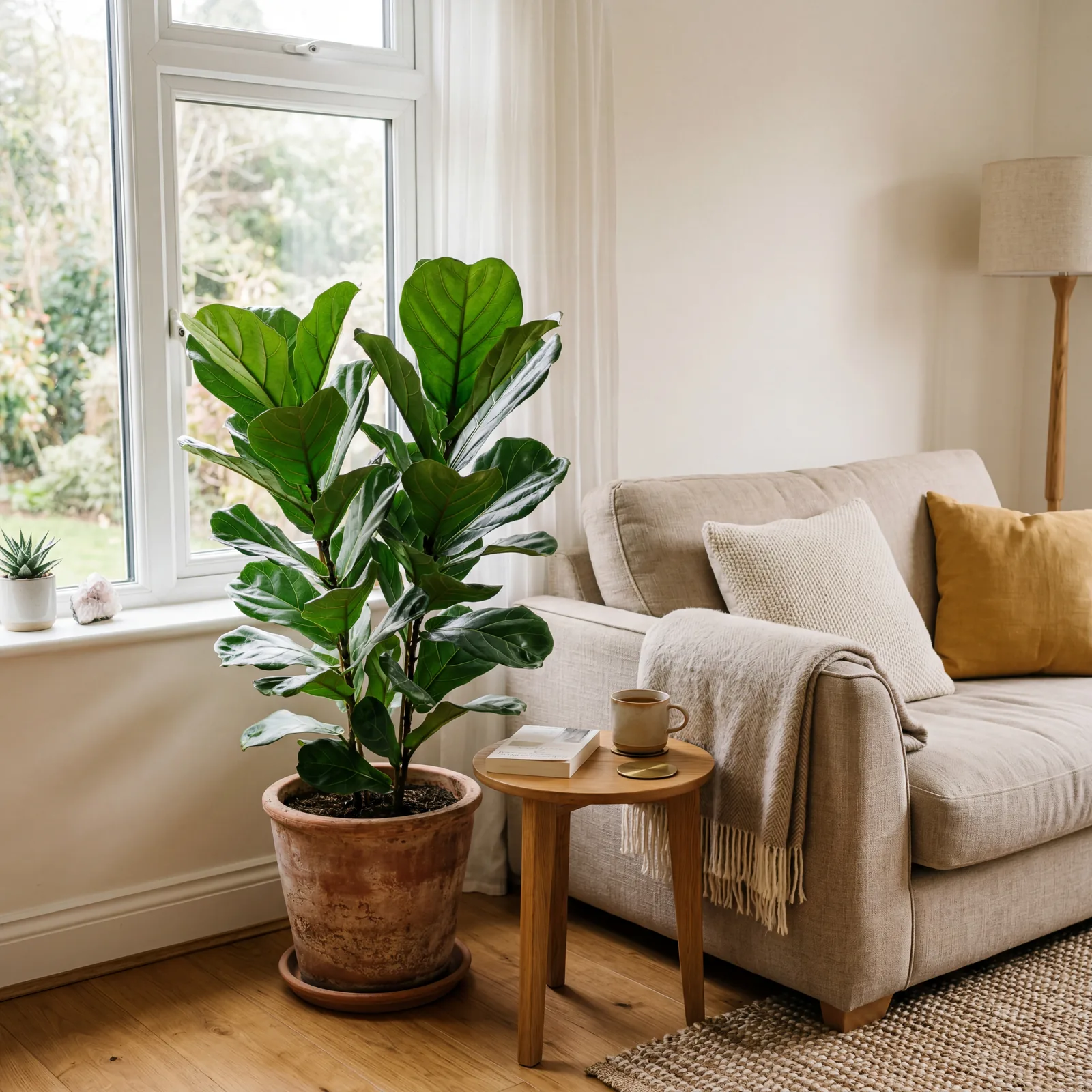 Bright living room corner with a large, healthy green potted plant beside a sofa, natural window light, warm home interi