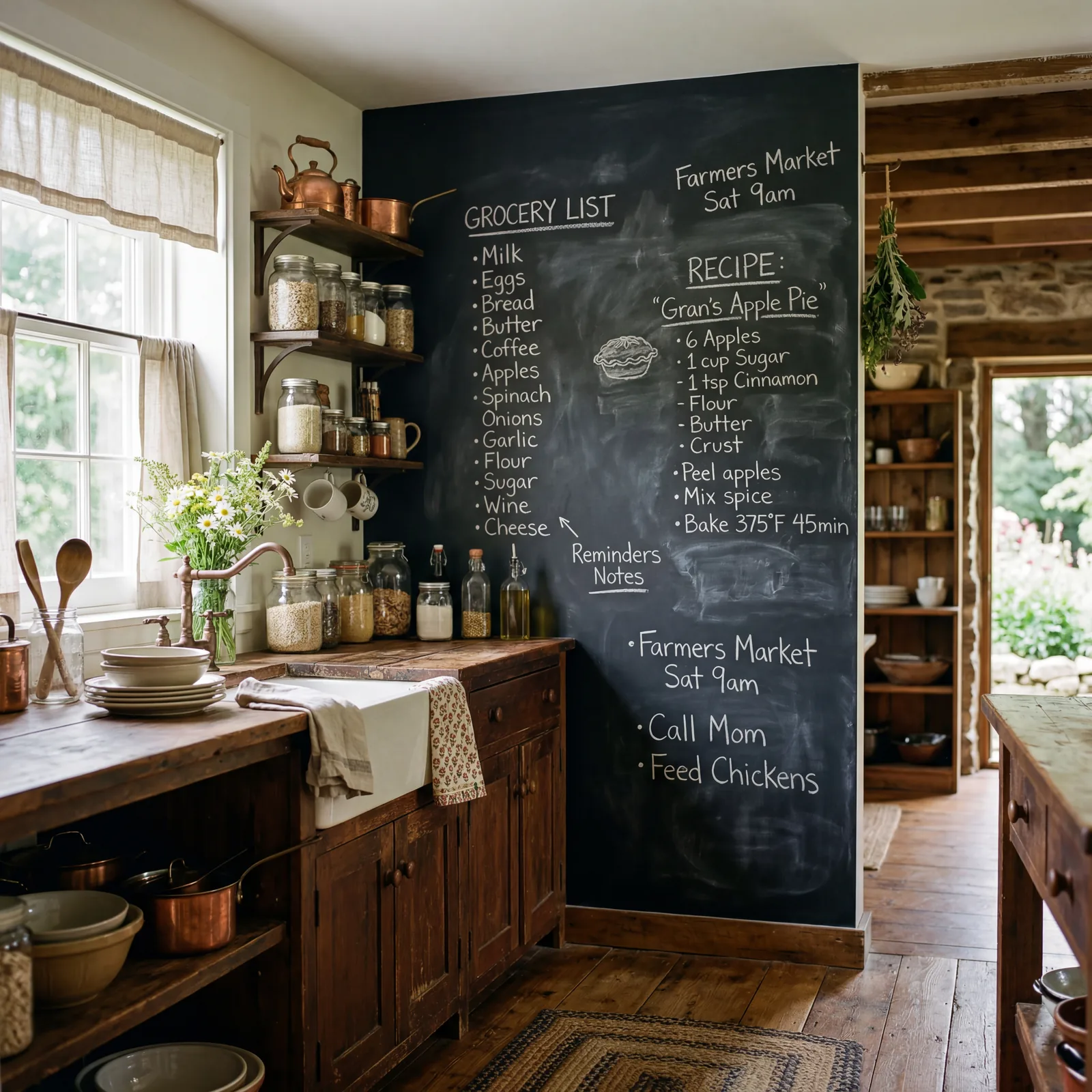 Farmhouse kitchen with a large chalkboard panel on one wall covered in handwritten grocery lists and a recipe, warm ligh