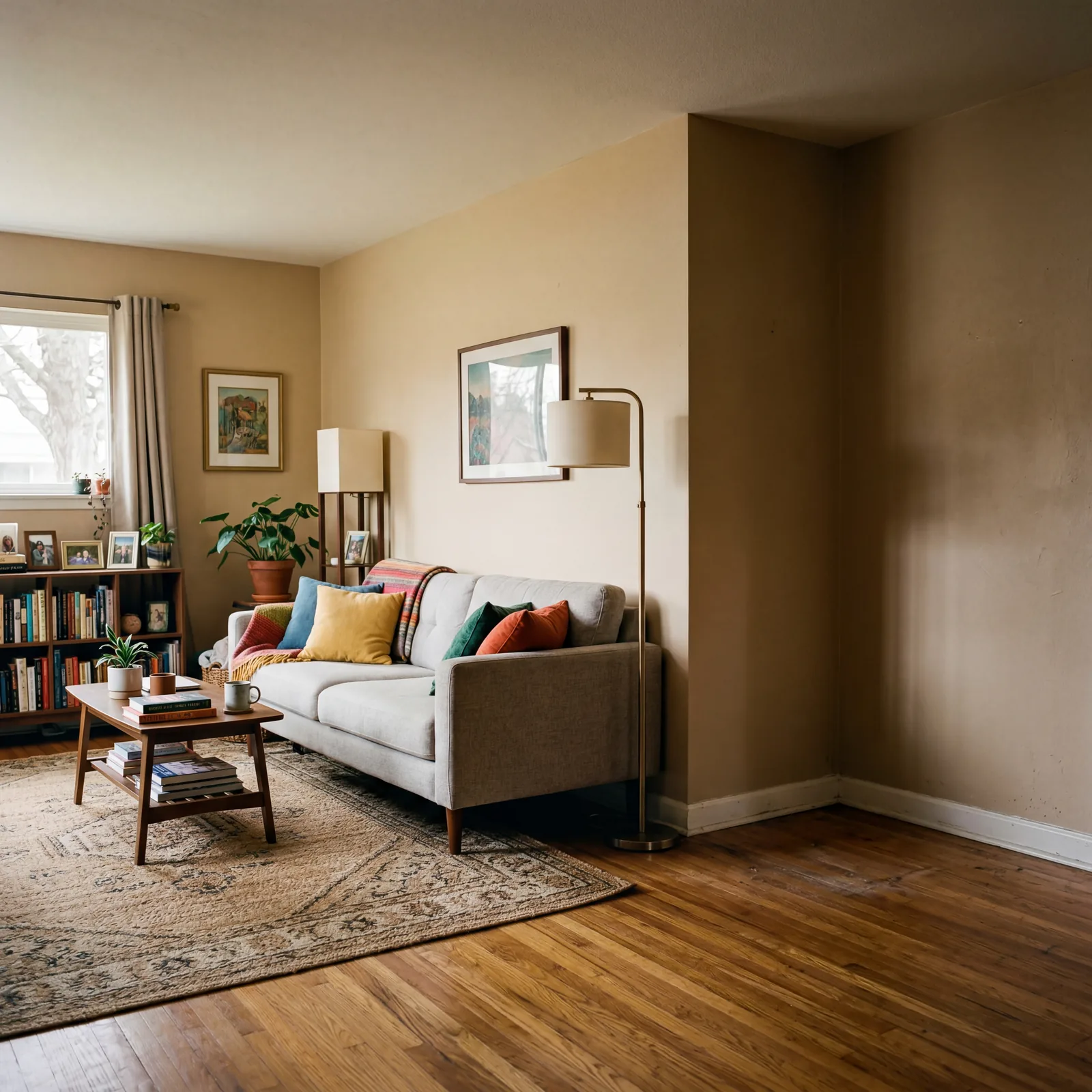 Living room with a bare empty corner, the rest of the room furnished but the corner ignored and unused, looking like a f
