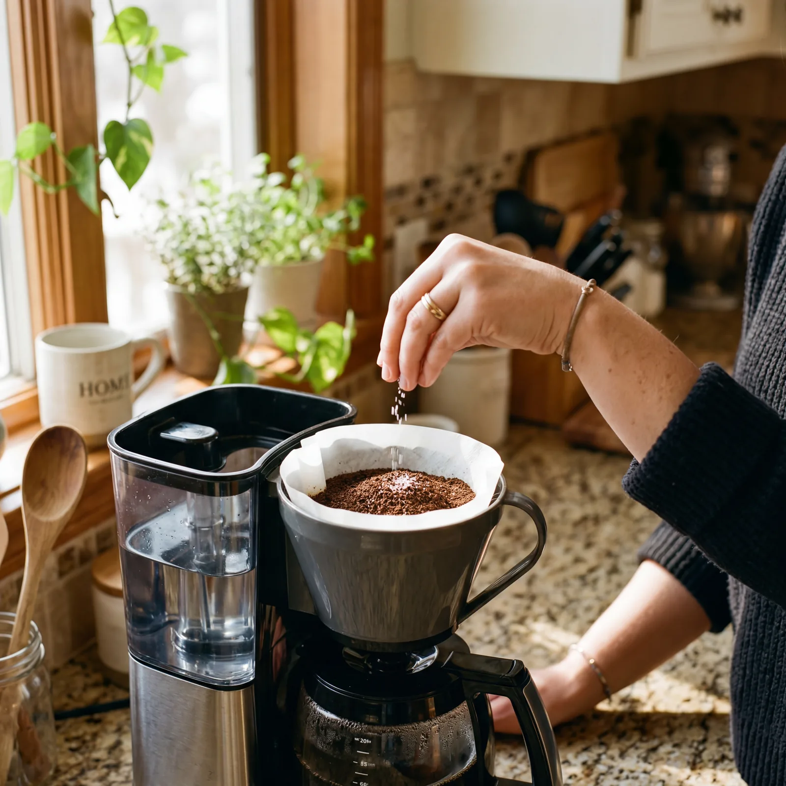 Person adding a small pinch of salt to a coffee filter filled with grounds in a drip machine, warm morning kitchen light