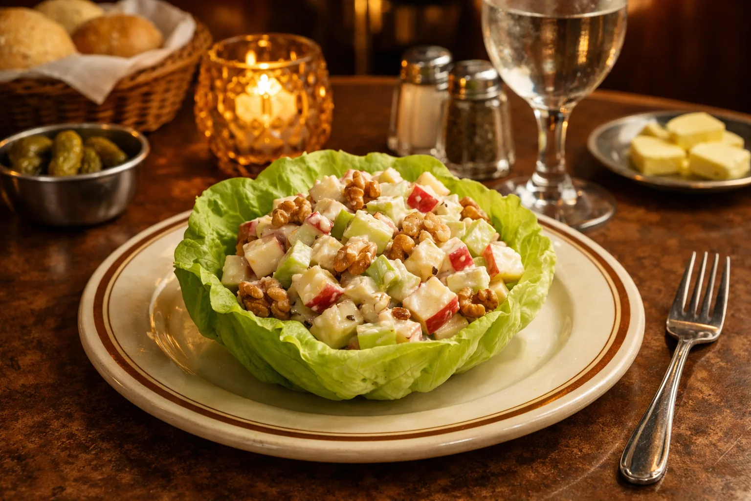 1970s restaurant table with a Waldorf salad in a lettuce cup, diced apples, celery, walnuts, and creamy dressing, warm r