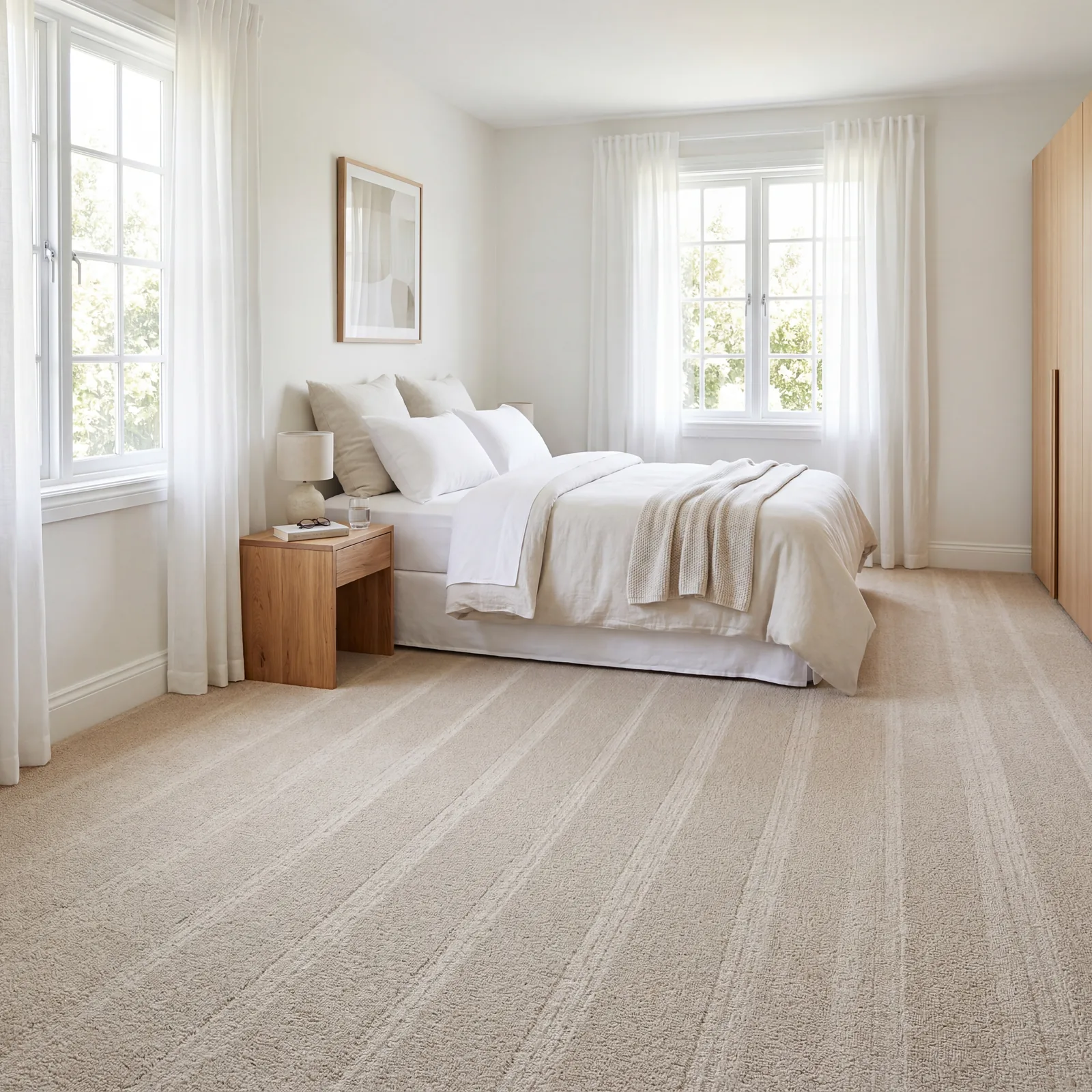 Clean, freshly groomed beige carpet in a bright bedroom, natural light from two windows, neat and uncluttered room