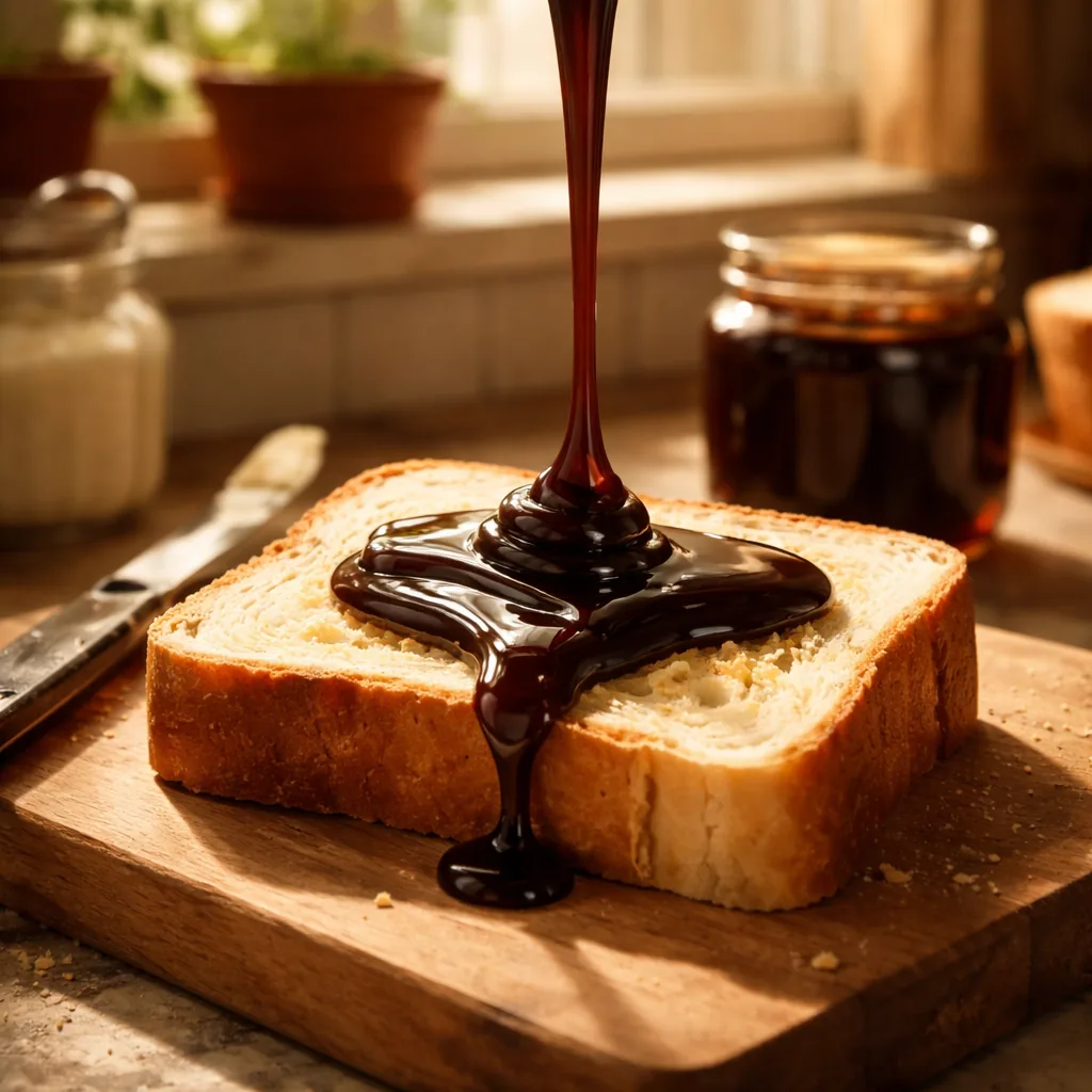 dark molasses poured in a thick ribbon over a thick slice of white bread on a simple wooden cutting board, morning kitch