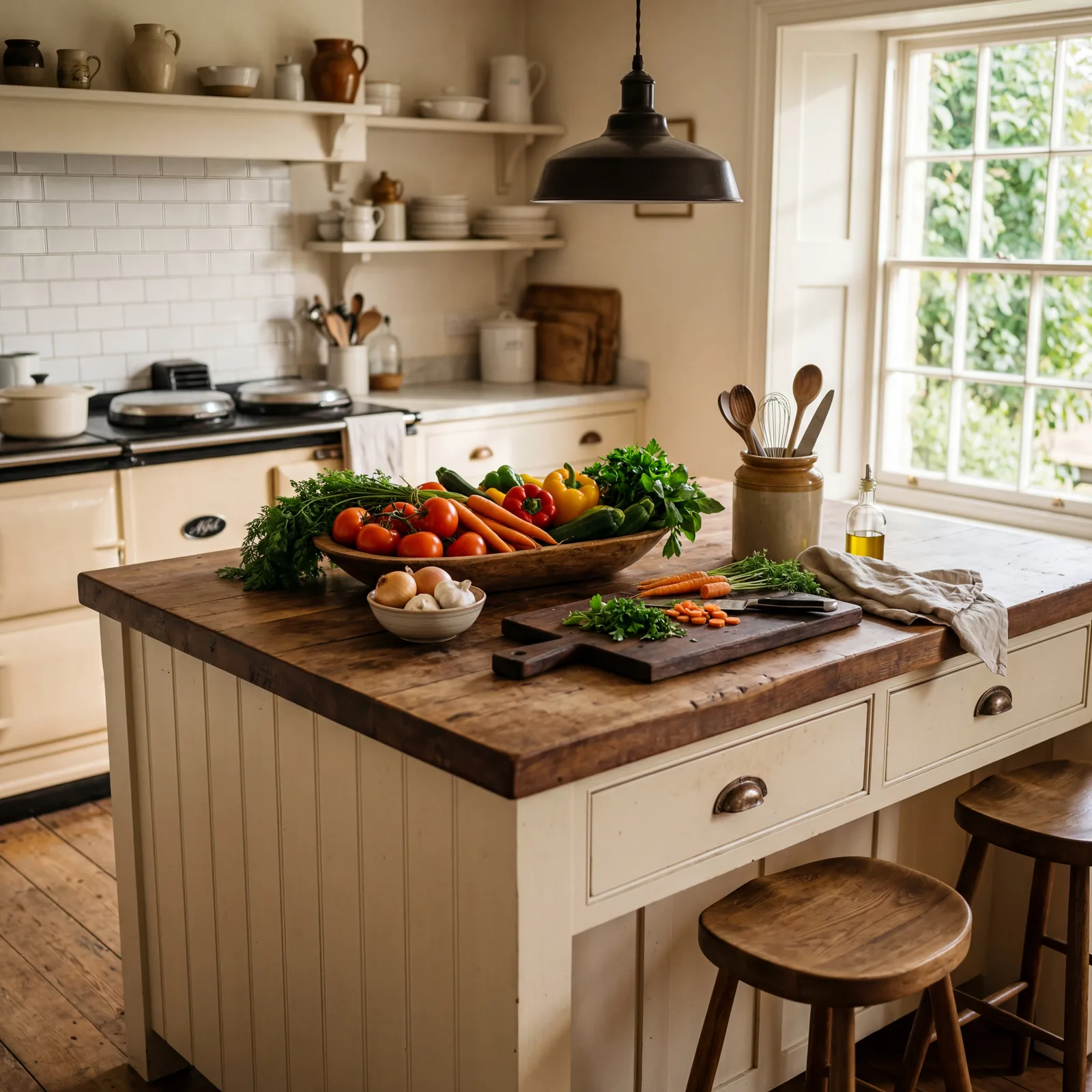 Farmhouse kitchen island with a warm butcher block wood countertop, prep area with fresh vegetables, warm afternoon ligh