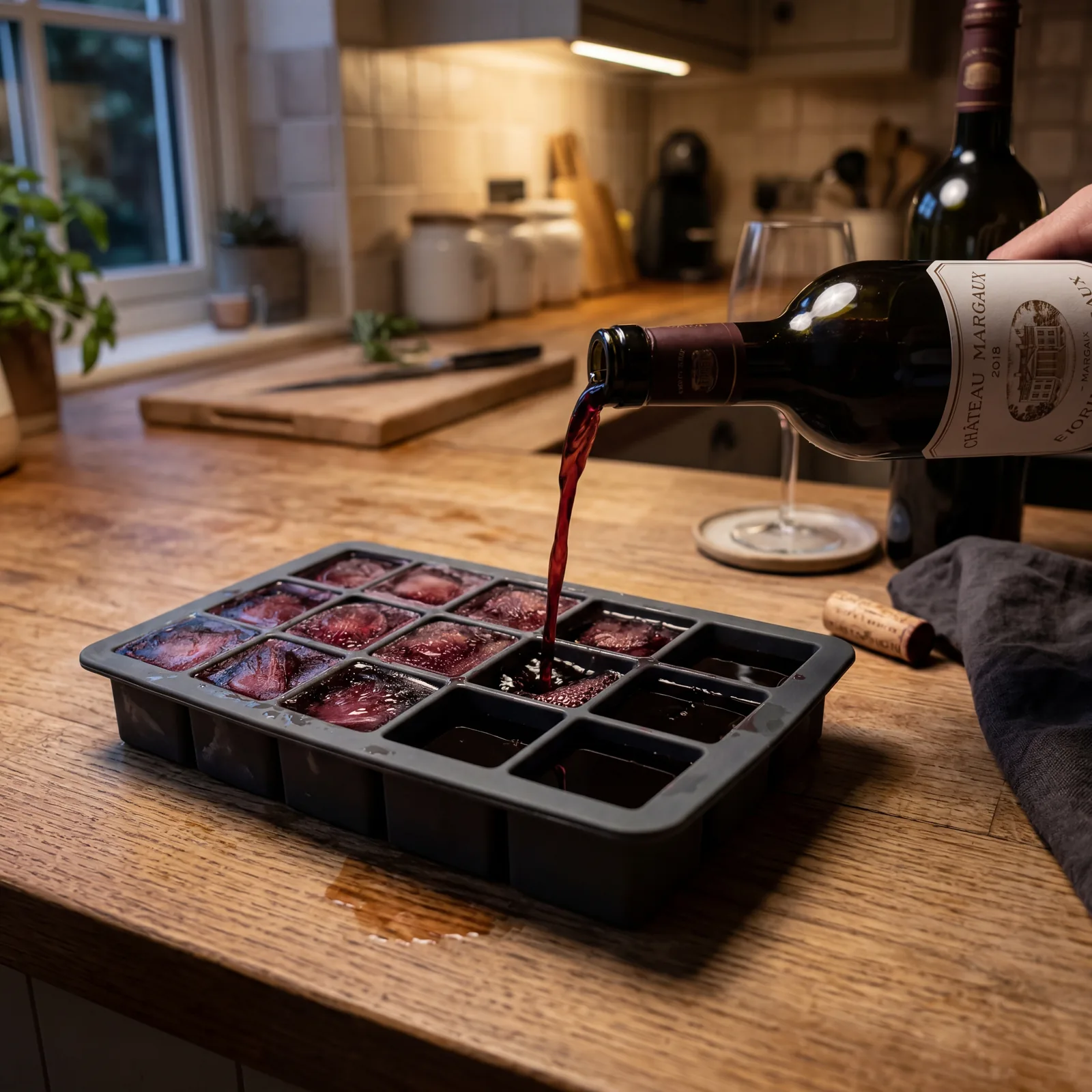 Ice cube tray being filled with red wine at a kitchen counter, partially frozen wine cubes visible, wine bottle nearby, 