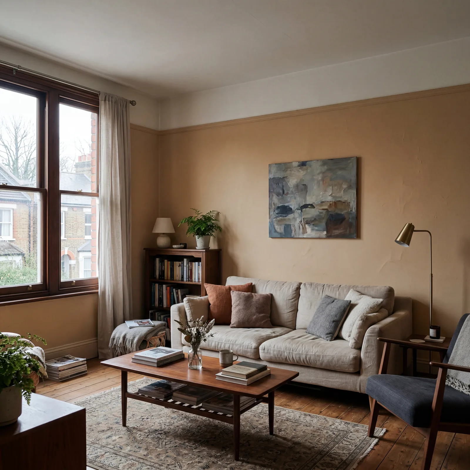 Living room painted in a warm beige that reads as muddy and orange in north-facing cool light, the color working against