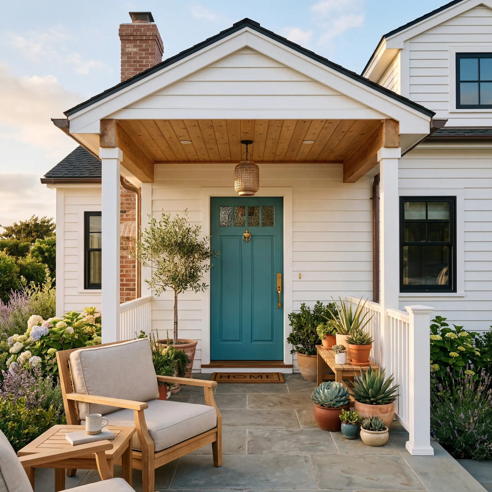 White exterior home with a teal front door, natural wood porch ceiling, teak outdoor furniture partially visible on the 