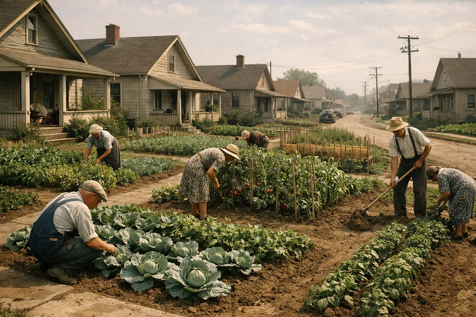 1930s era American suburban street with small vegetable gardens in every front yard, neighbours visible tending gardens,