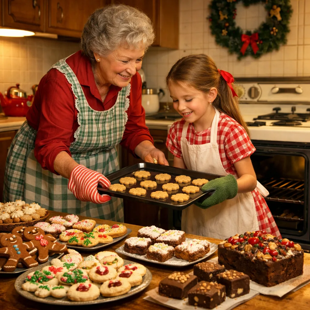 A 1960s kitchen counter covered with homemade Christmas cookies, bars, and fruitcake, a grandmother and granddaughter in