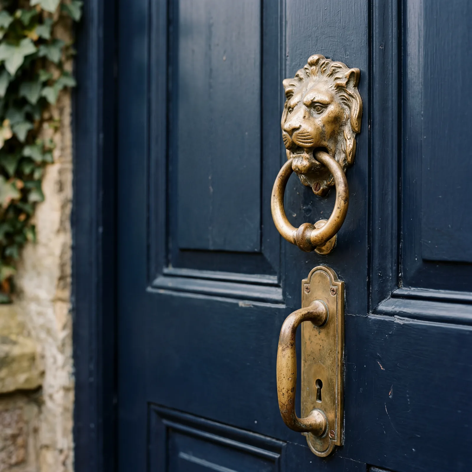 Close-up of an unlacquered brass door knocker and handle on a deep navy painted front door, soft natural light, warm met