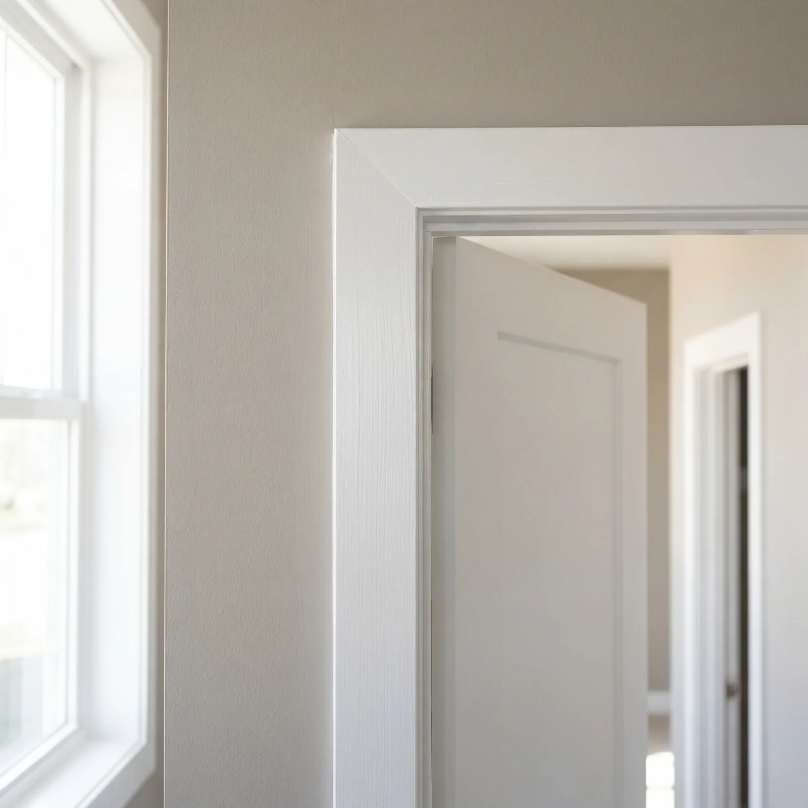 Close-up of freshly painted white interior door trim and clean neutral walls, bright natural light from a nearby window