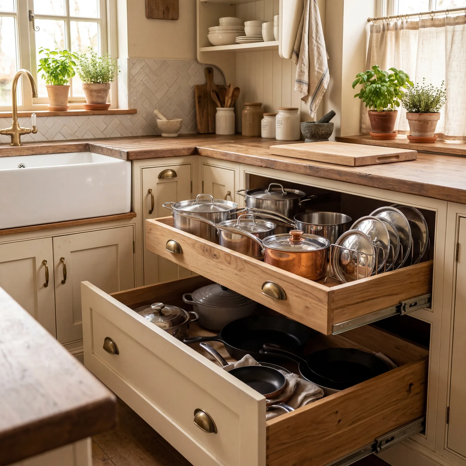 Farmhouse kitchen with deep pull-out drawers open showing neatly organized pots, pans, and lids, warm light, clean and f
