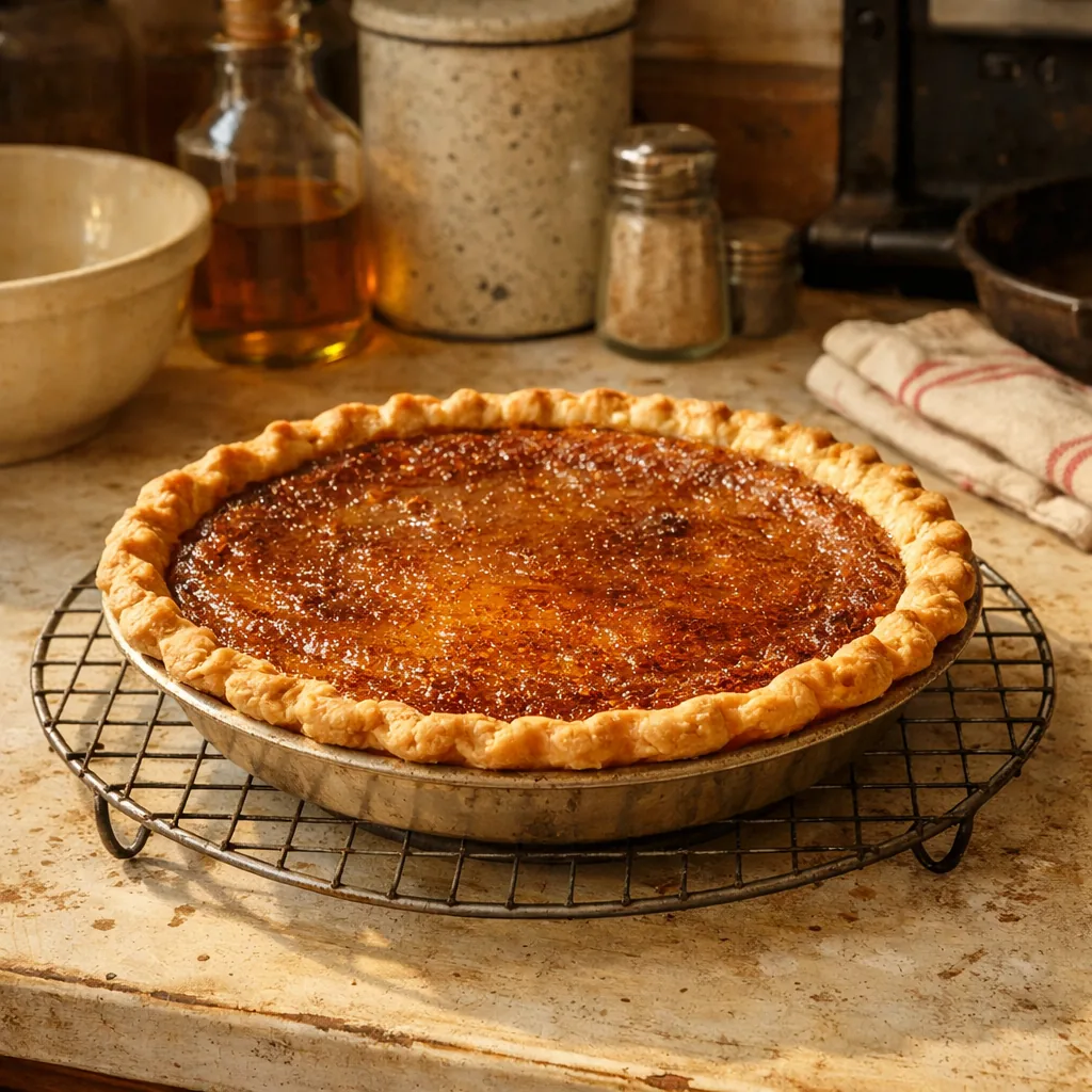 golden-brown vinegar pie in a simple pastry shell cooling on a wire rack on a worn kitchen counter, humble farmhouse set