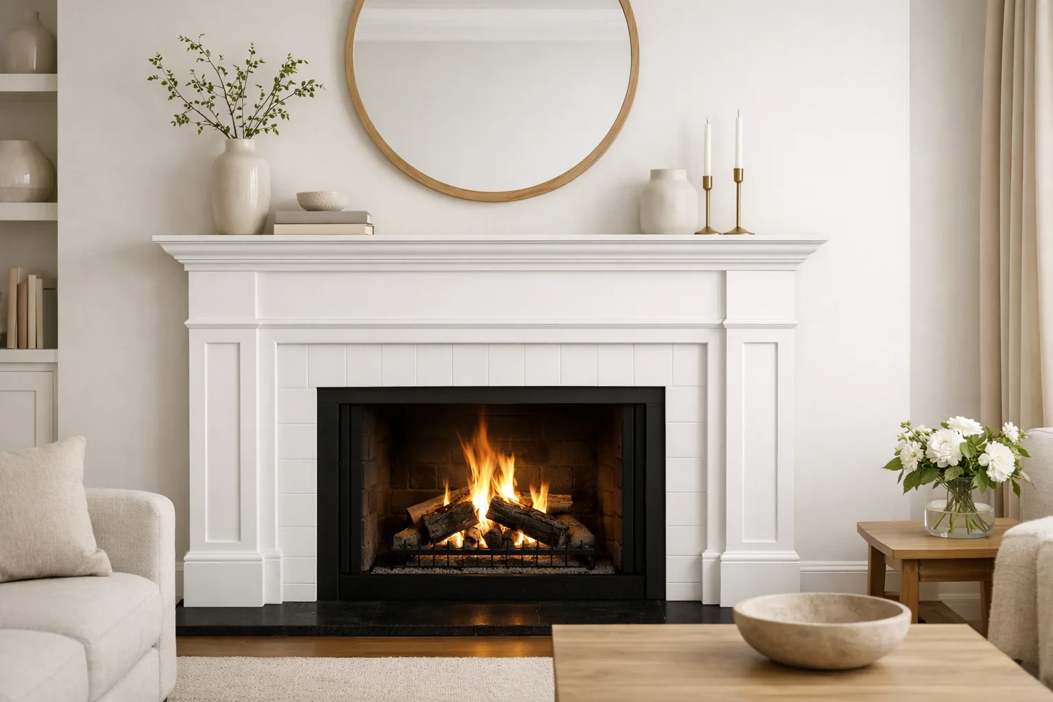 Living room fireplace with freshly painted white surround, clean and elegant, styled with simple decor