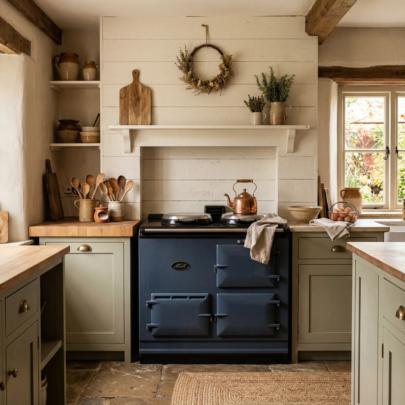 Farmhouse kitchen with a shiplap wood accent wall painted white behind a freestanding range, warm kitchen light, cozy an