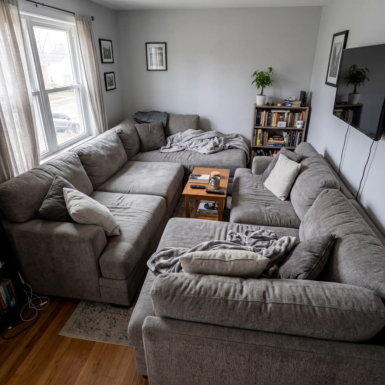 Living room with an oversized sectional sofa that overwhelms the room, leaving barely any circulation space and dwarfing