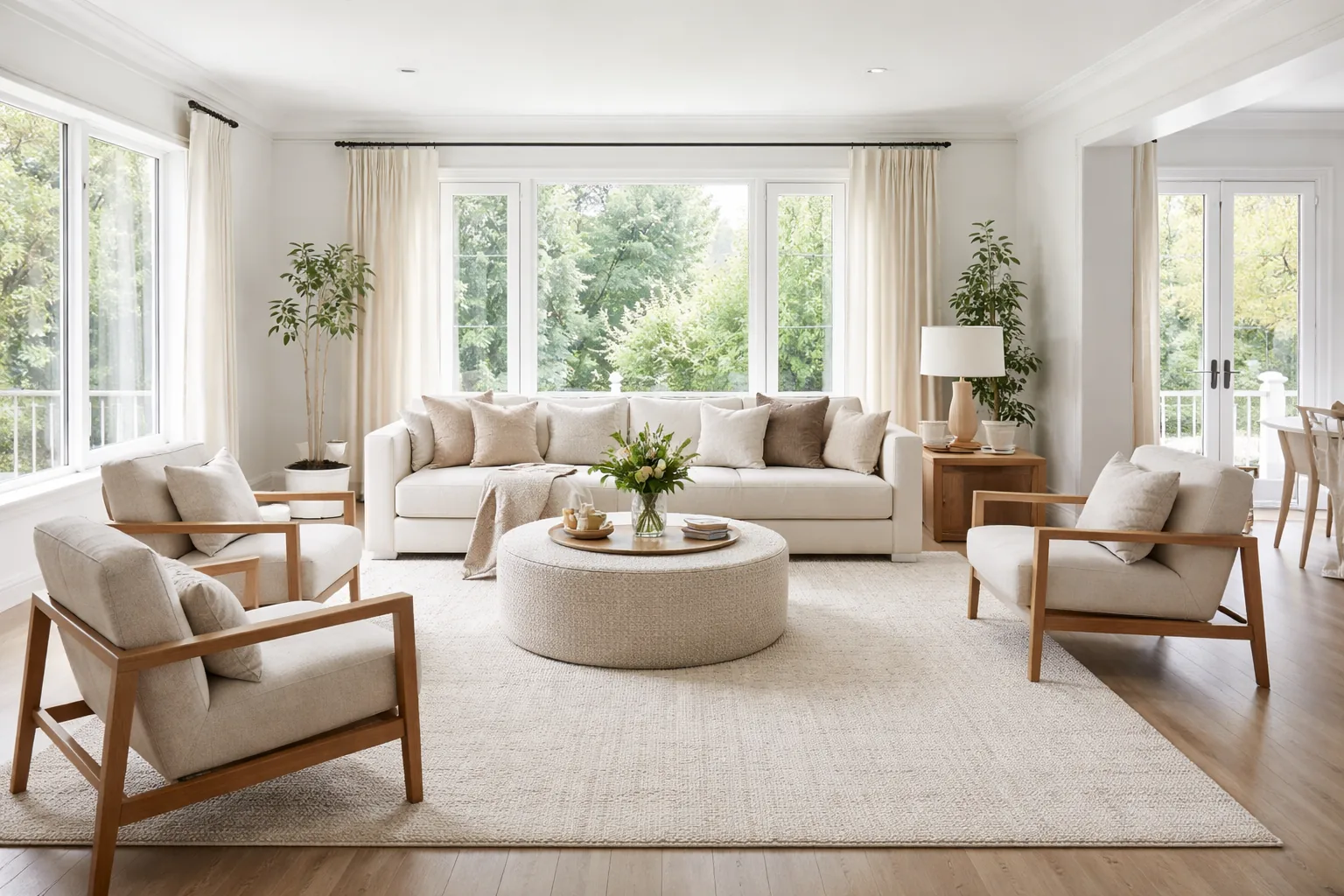 Living room with furniture pulled away from walls to create a conversational grouping, airy and spacious feel