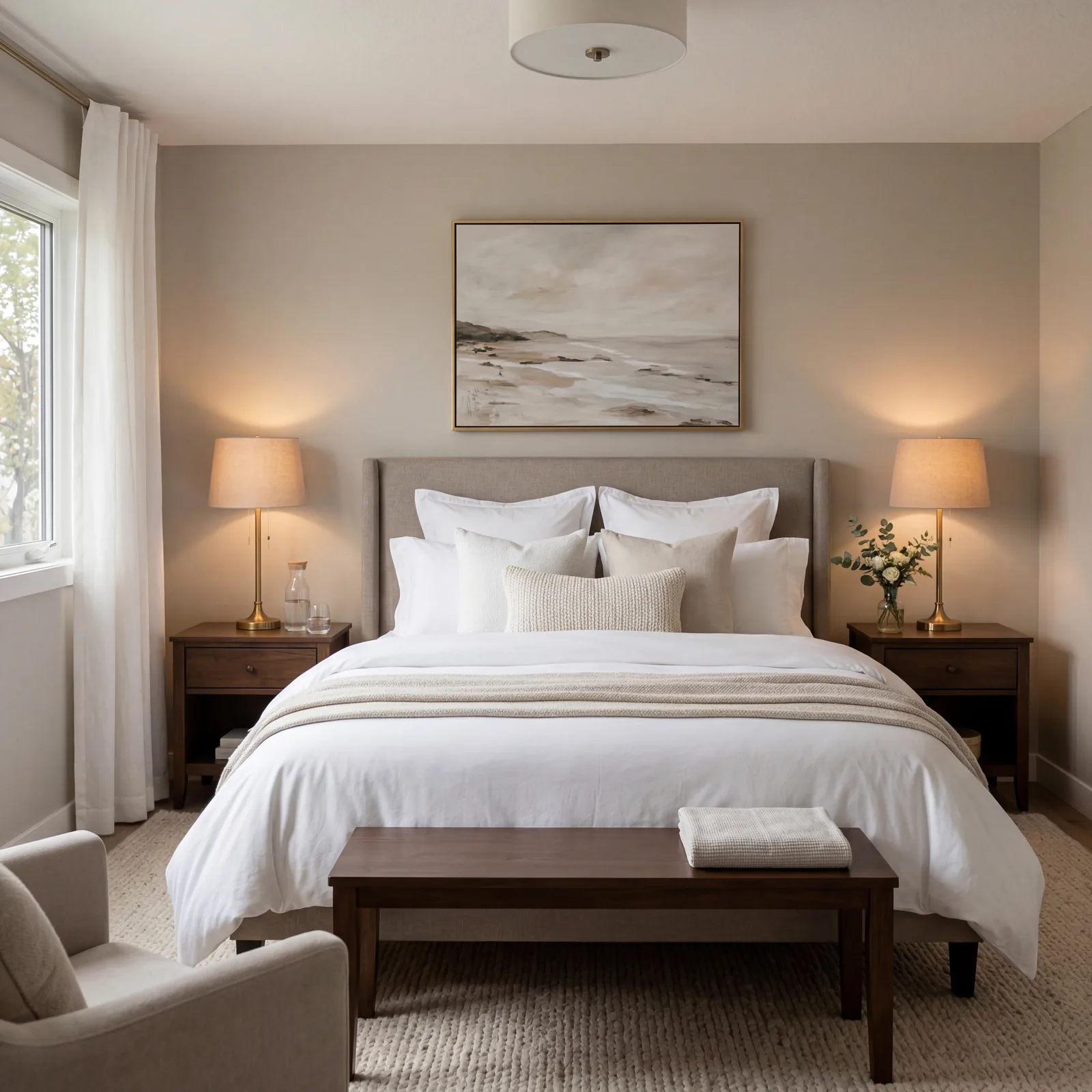 Primary bedroom staged with crisp white bedding, layered pillows, matching nightstands with small lamps on each, neutral
