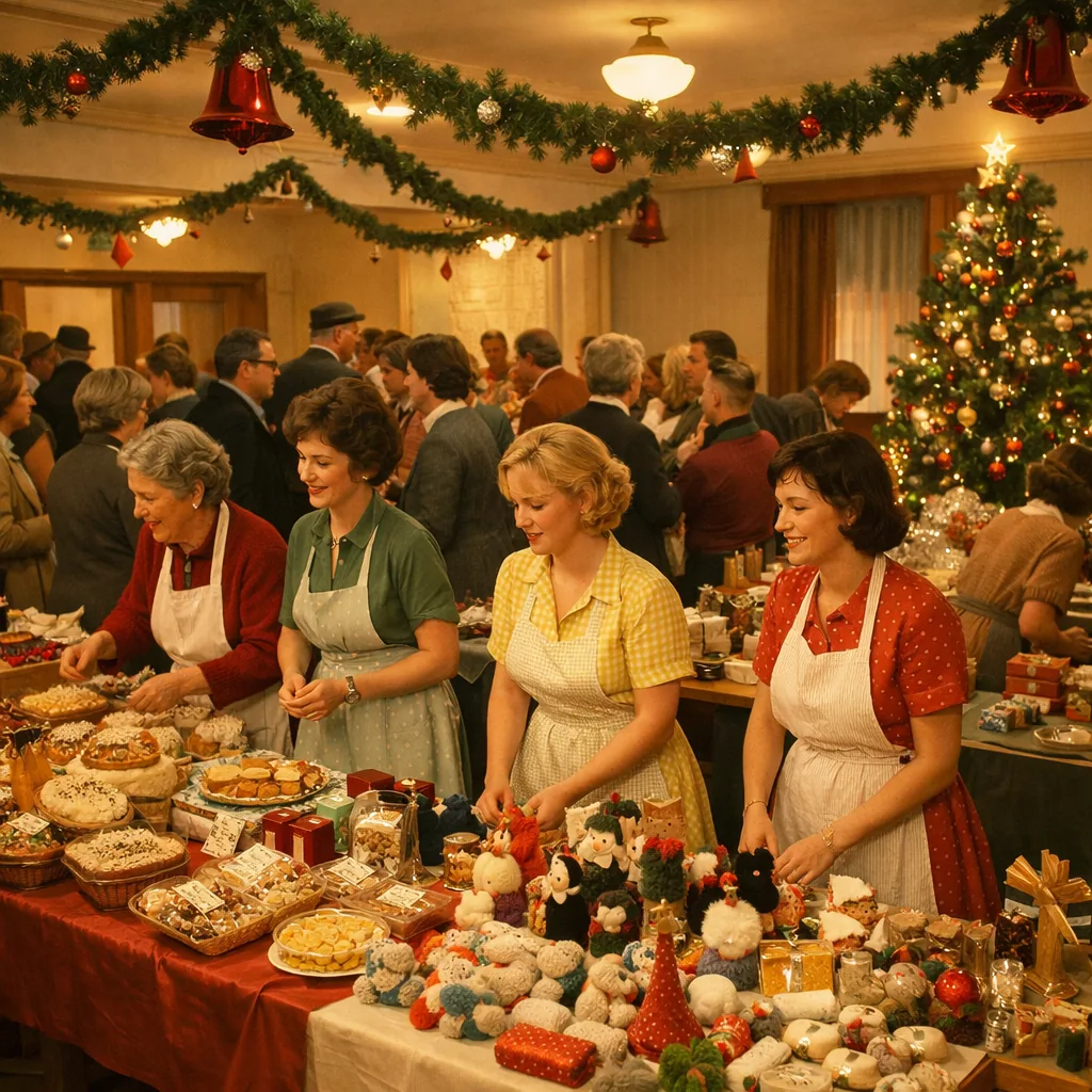 A crowded 1960s church hall decorated with Christmas garland, tables filled with handmade crafts, baked goods, and gift 