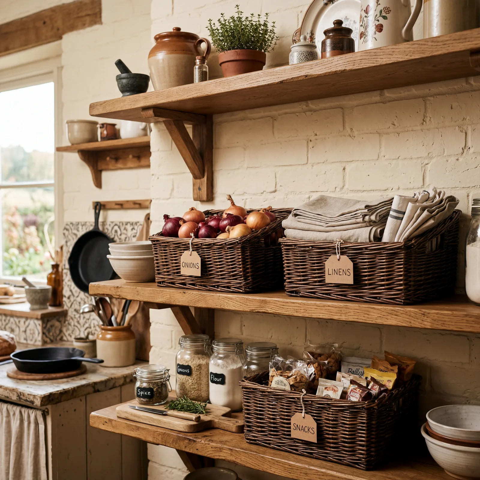 Farmhouse kitchen open shelves with wicker baskets neatly labeled holding onions, linens, and snacks, warm light, domest