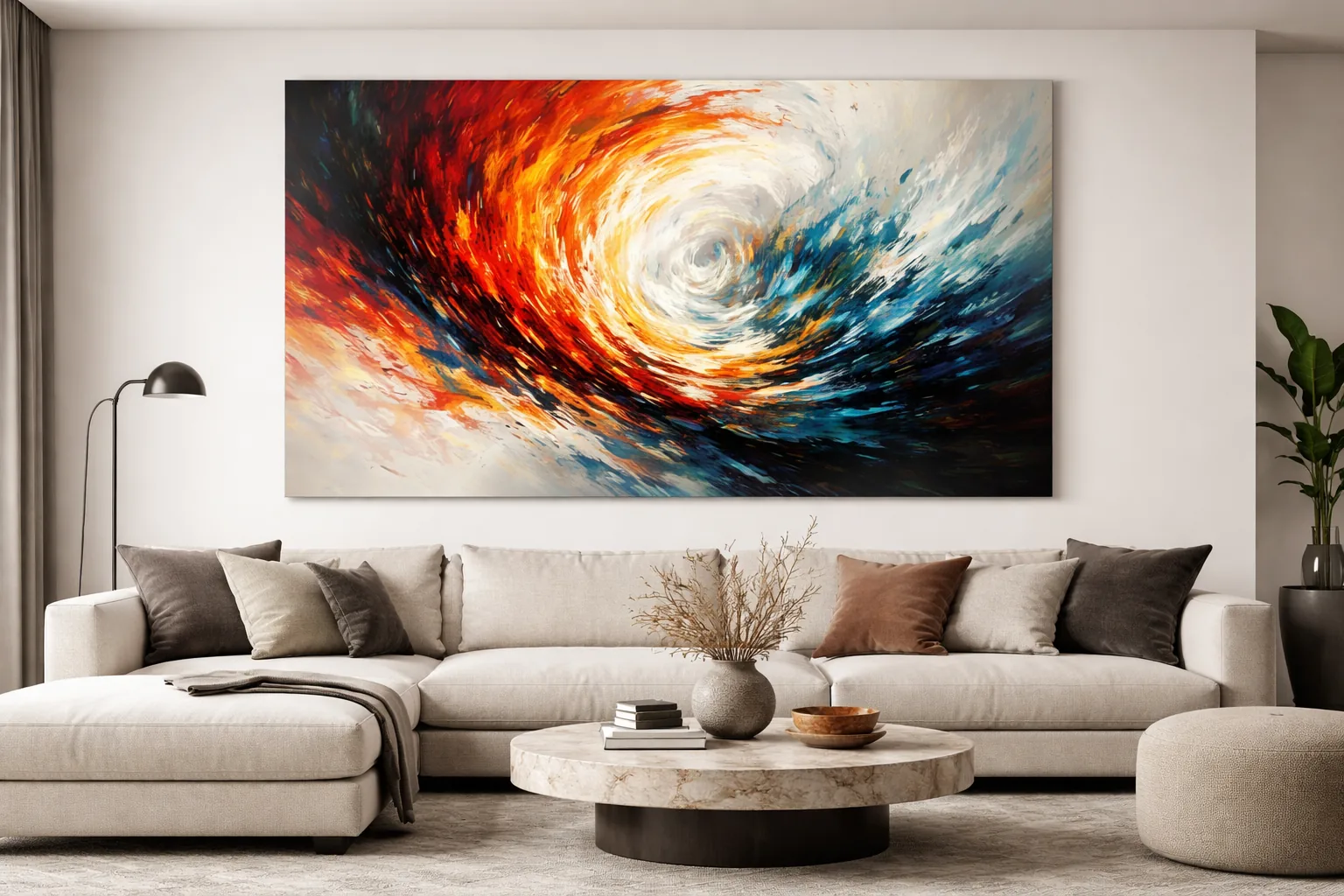 Living room with one large statement artwork on the wall instead of a gallery wall, bold and minimal
