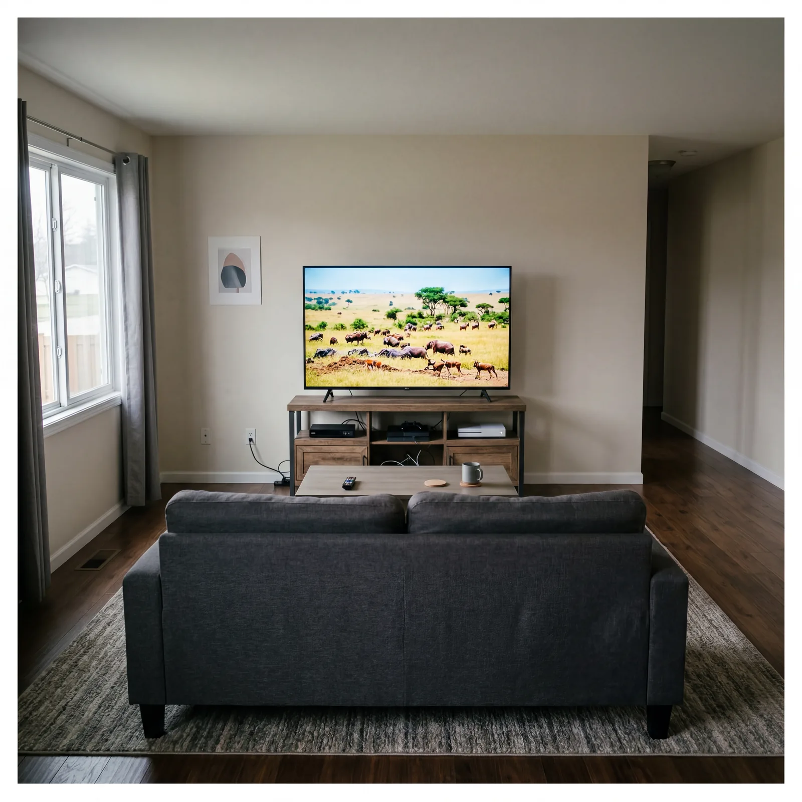Living room with only a sofa facing a television, no secondary seating or reading chair, feeling one-dimensional and des