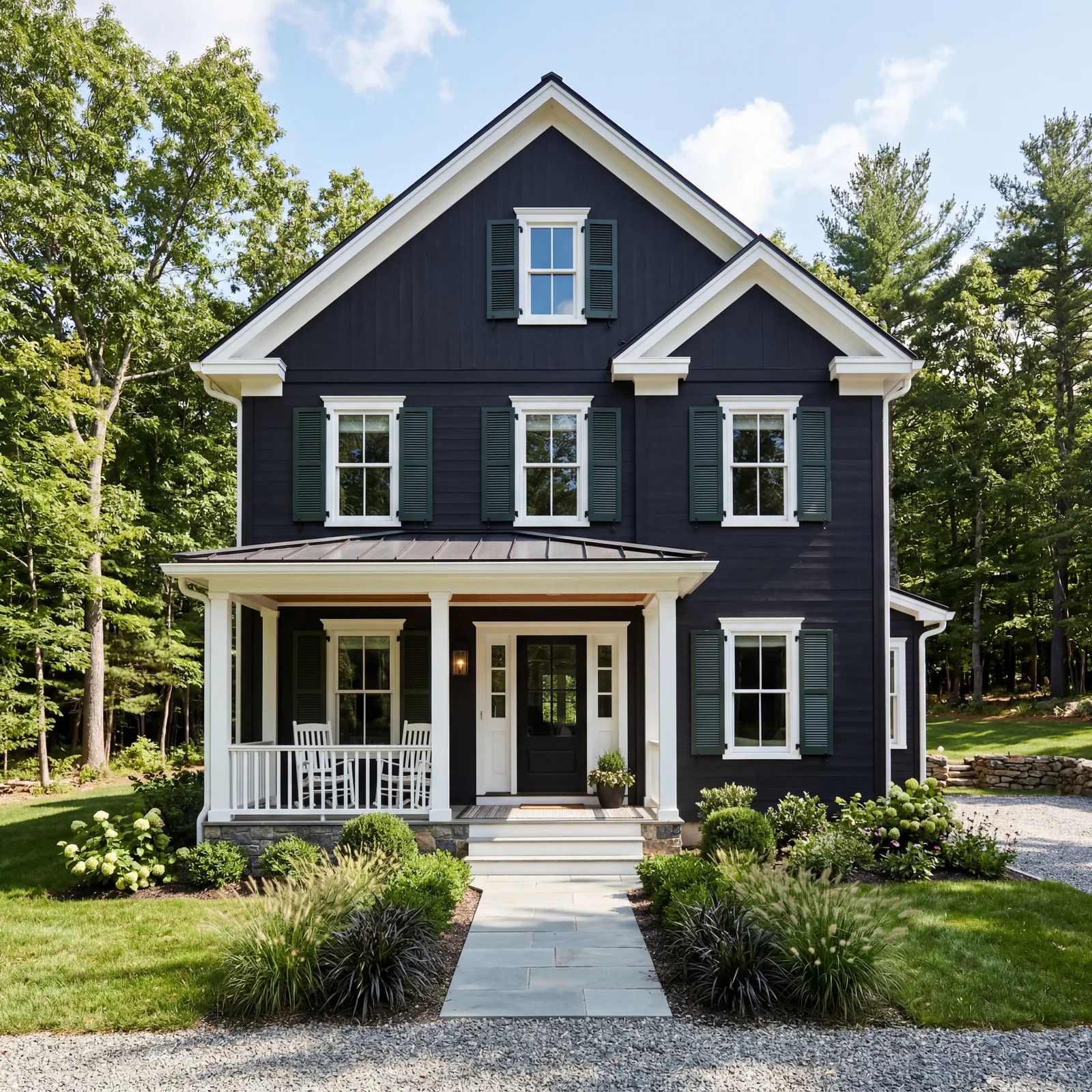 Modern farmhouse exterior painted deep matte black with dark forest green shutters and crisp white trim, simple dramatic