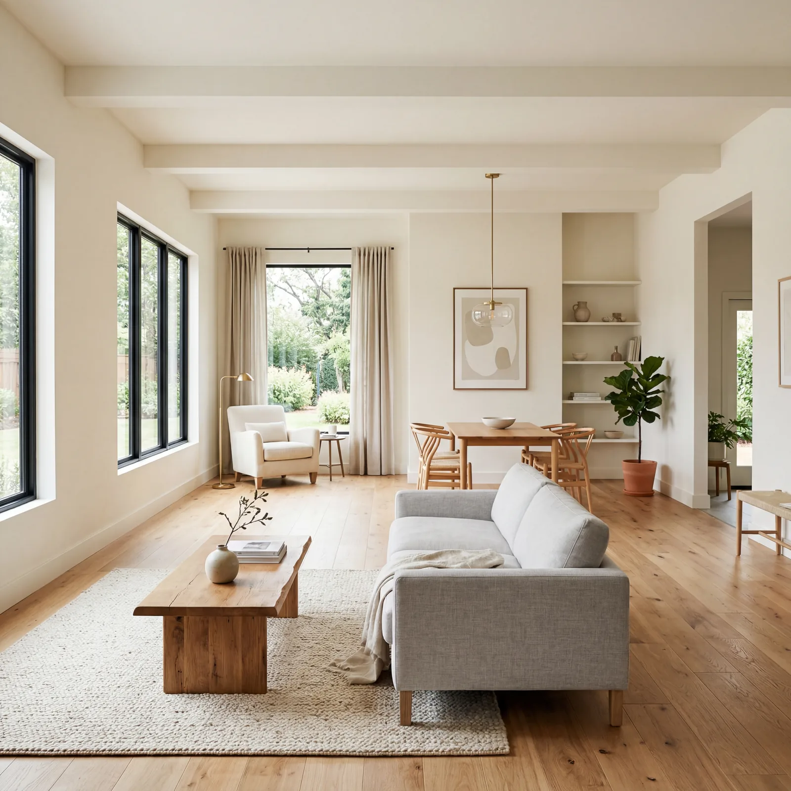 Open-plan living area painted in warm off-white, natural wood floors, minimal furniture, bright window light, spacious a
