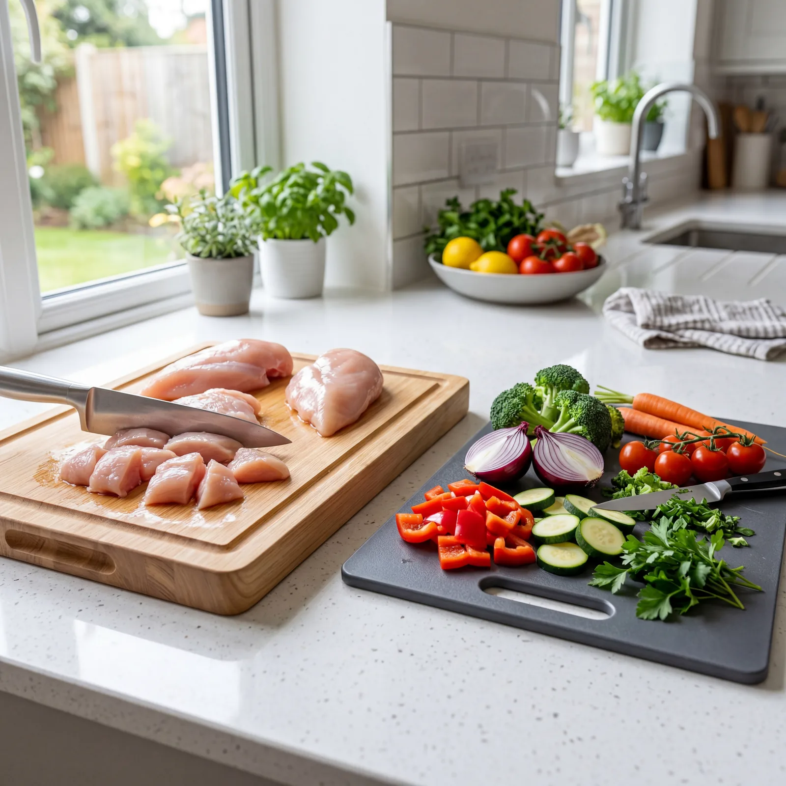 Two cutting boards on a kitchen counter, one with raw chicken and one with vegetables, clearly separated, bright clean k