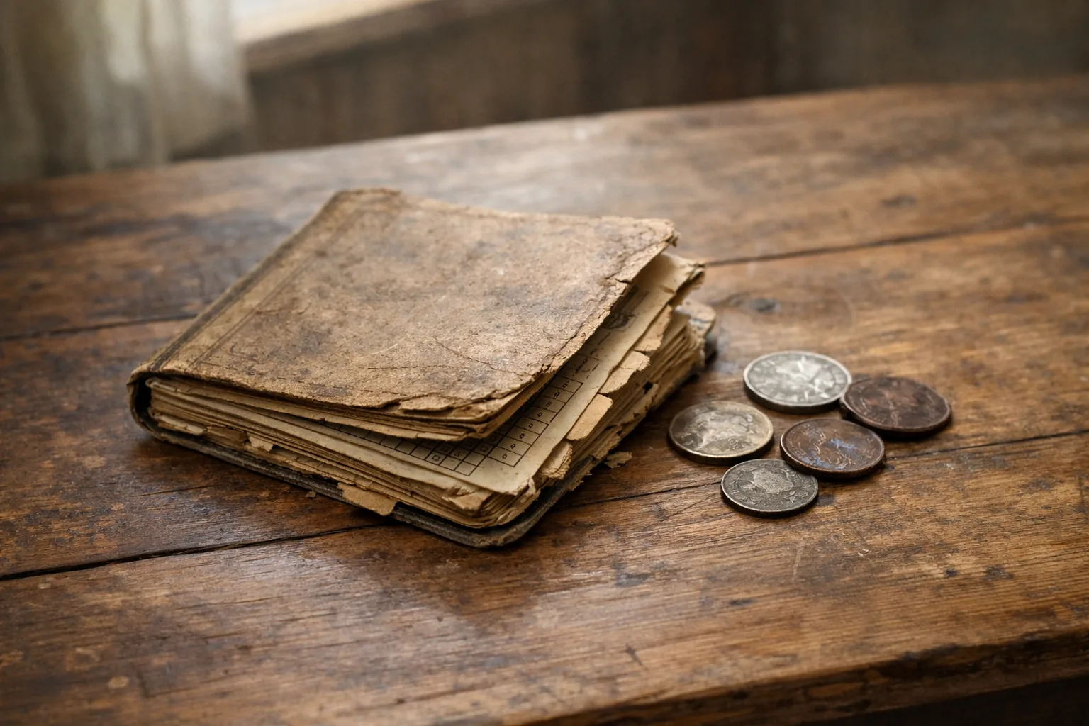 Worn 1930s-era ration book or coupon booklet on a simple wooden table with a few coins, natural window light