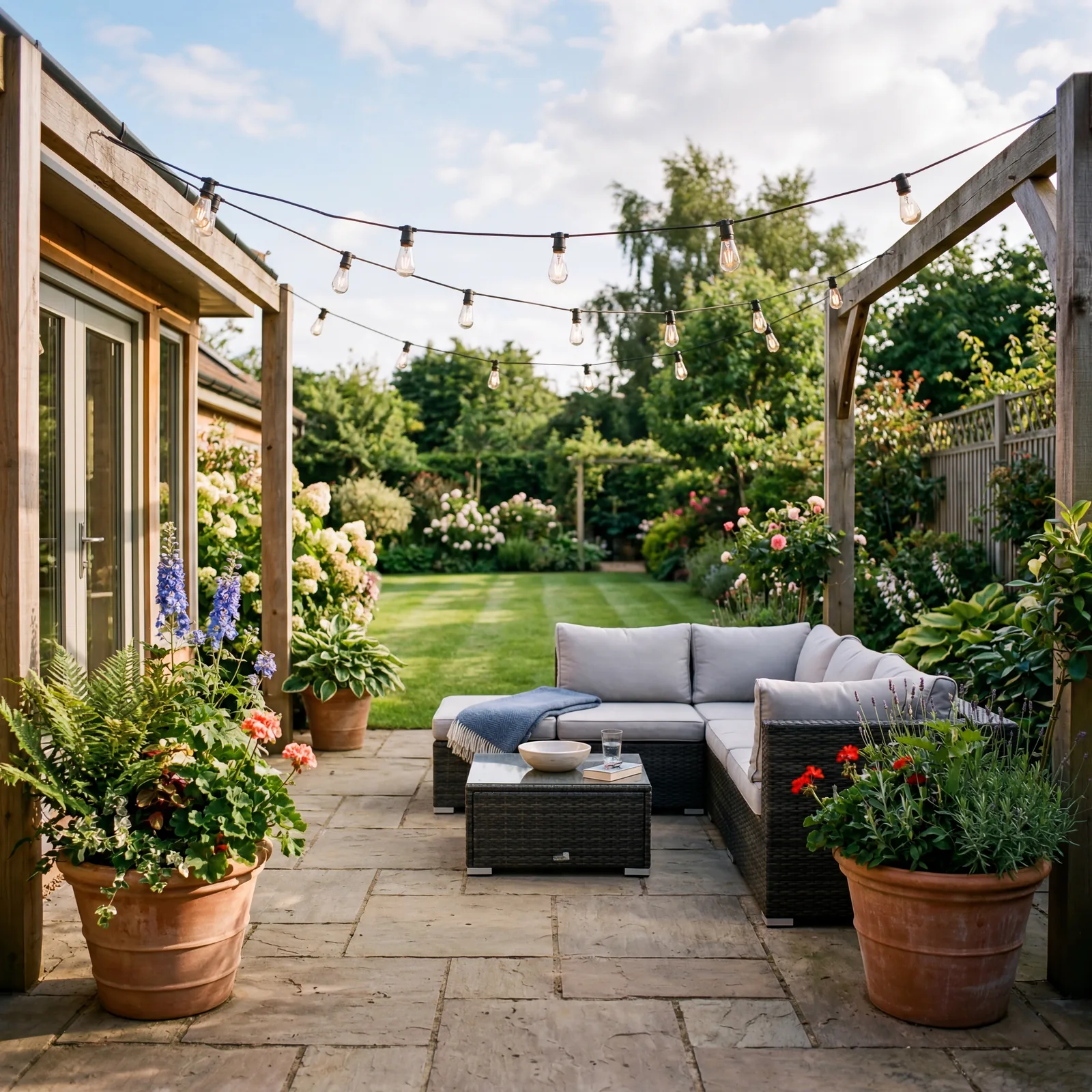 Back patio with clean outdoor furniture, potted plants on either side, string lights strung above, tidy lawn visible bey