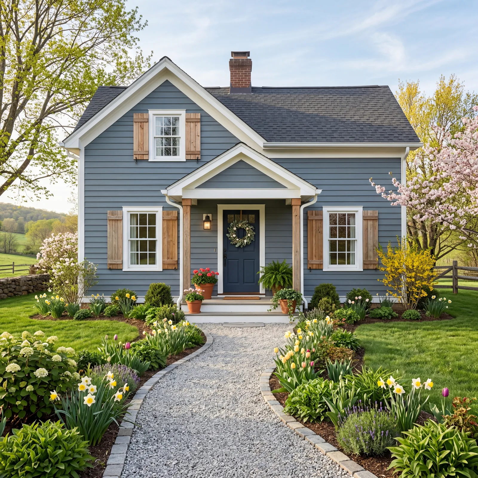 Blue-grey painted farmhouse with white trim, natural wood shutters, a simple wreath on the front door, neat gravel path 