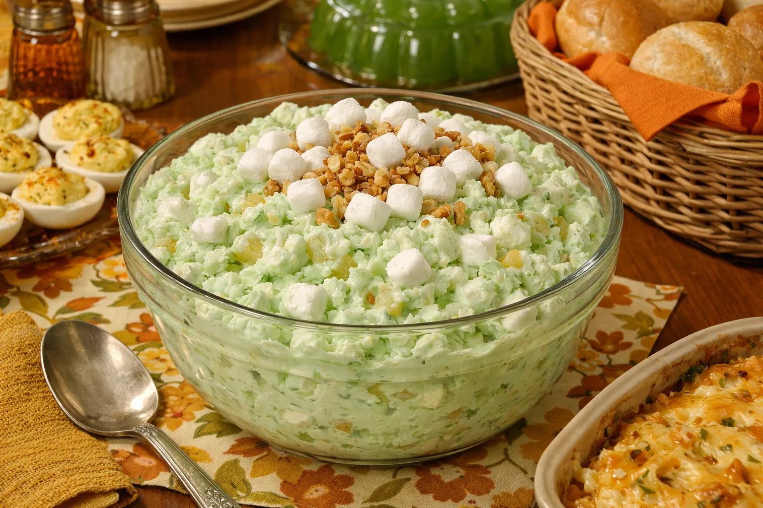 Bowl of pistachio green Watergate salad with whipped topping, miniature marshmallows, and crushed pineapple on a 1970s p