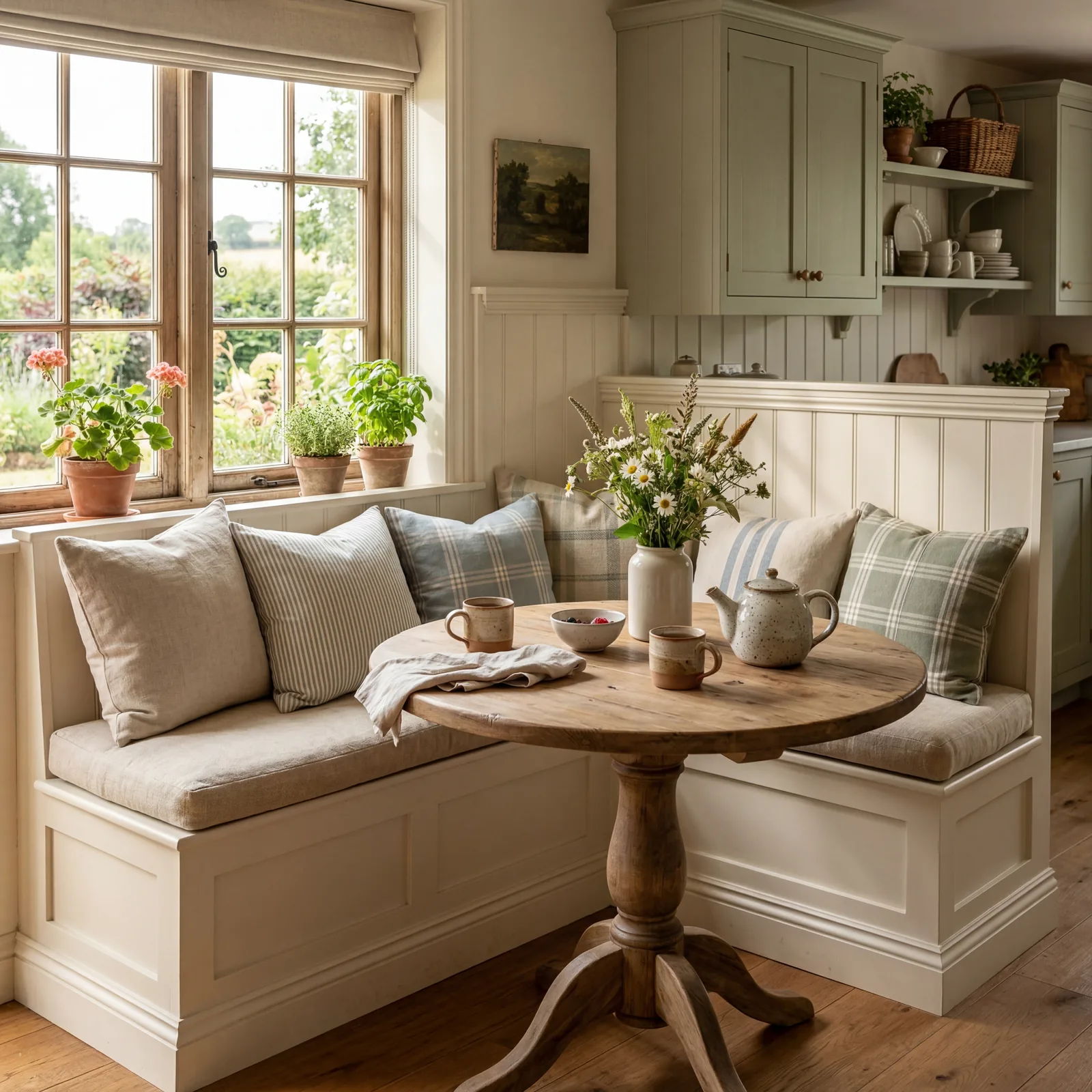 Cozy farmhouse kitchen corner with a built-in painted bench banquette, linen seat cushion, small round table nearby, war