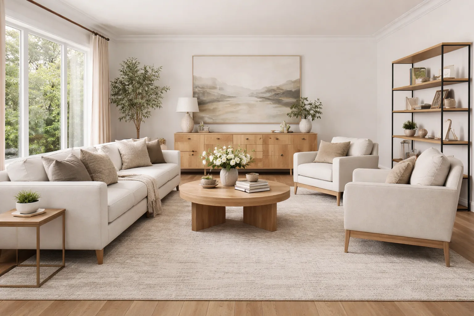 Living room with a large area rug where the front legs of all furniture rest on it, spacious and cohesive