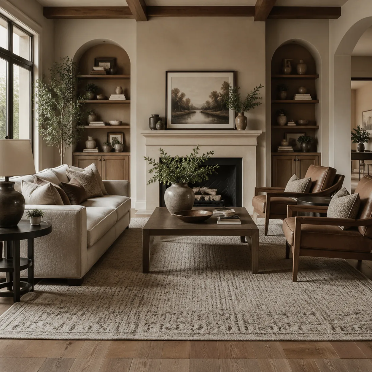 Living room with a large area rug where the front legs of all furniture rest on it, spacious and cohesive