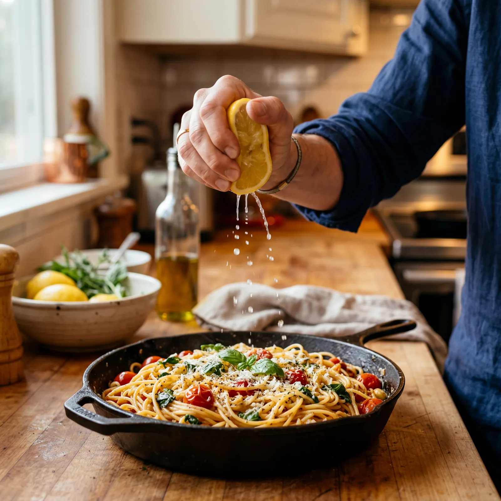Person squeezing a lemon half over a finished pan of pasta, bright droplets catching warm kitchen light, relaxed finishi