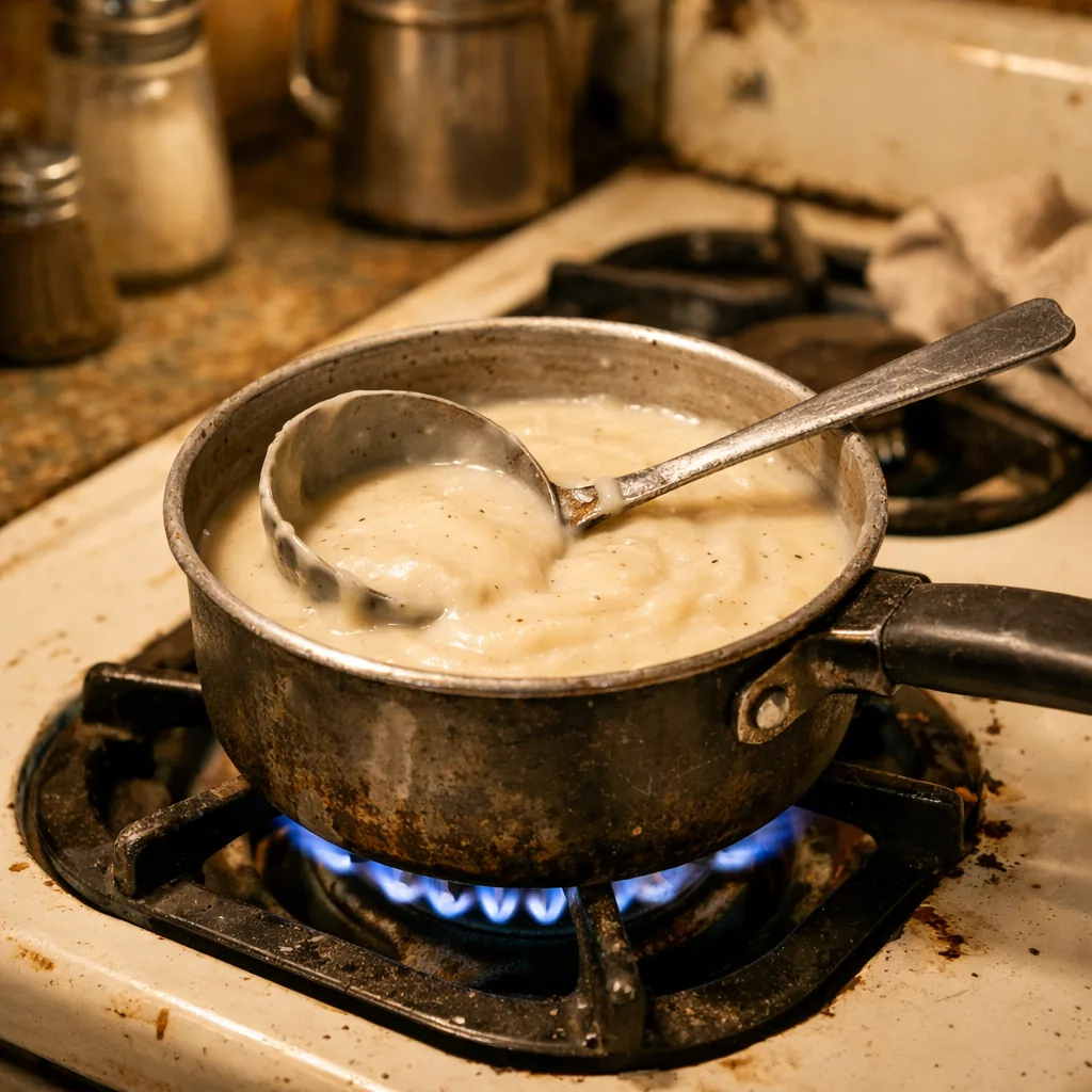 thick off-white flour gravy in a small saucepan on a simple gas stove, ladle resting on the side, worn kitchen backgroun