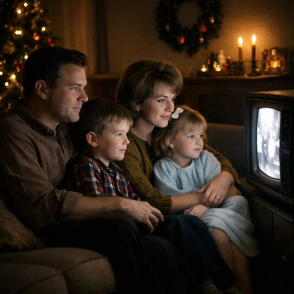 A 1960s family of four huddled on a sofa in a darkened living room watching a black-and-white television, the glow of th