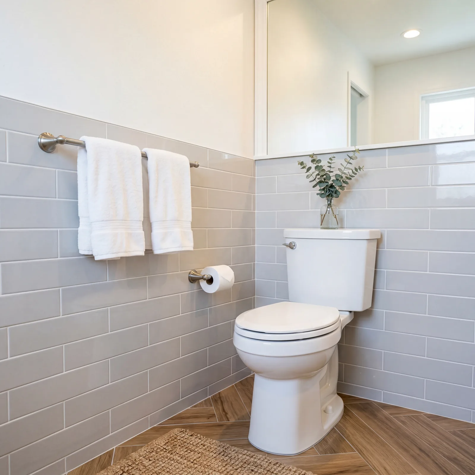 Clean updated bathroom with a white toilet and fresh white toilet seat, matching white towels on a nearby bar, soft bath
