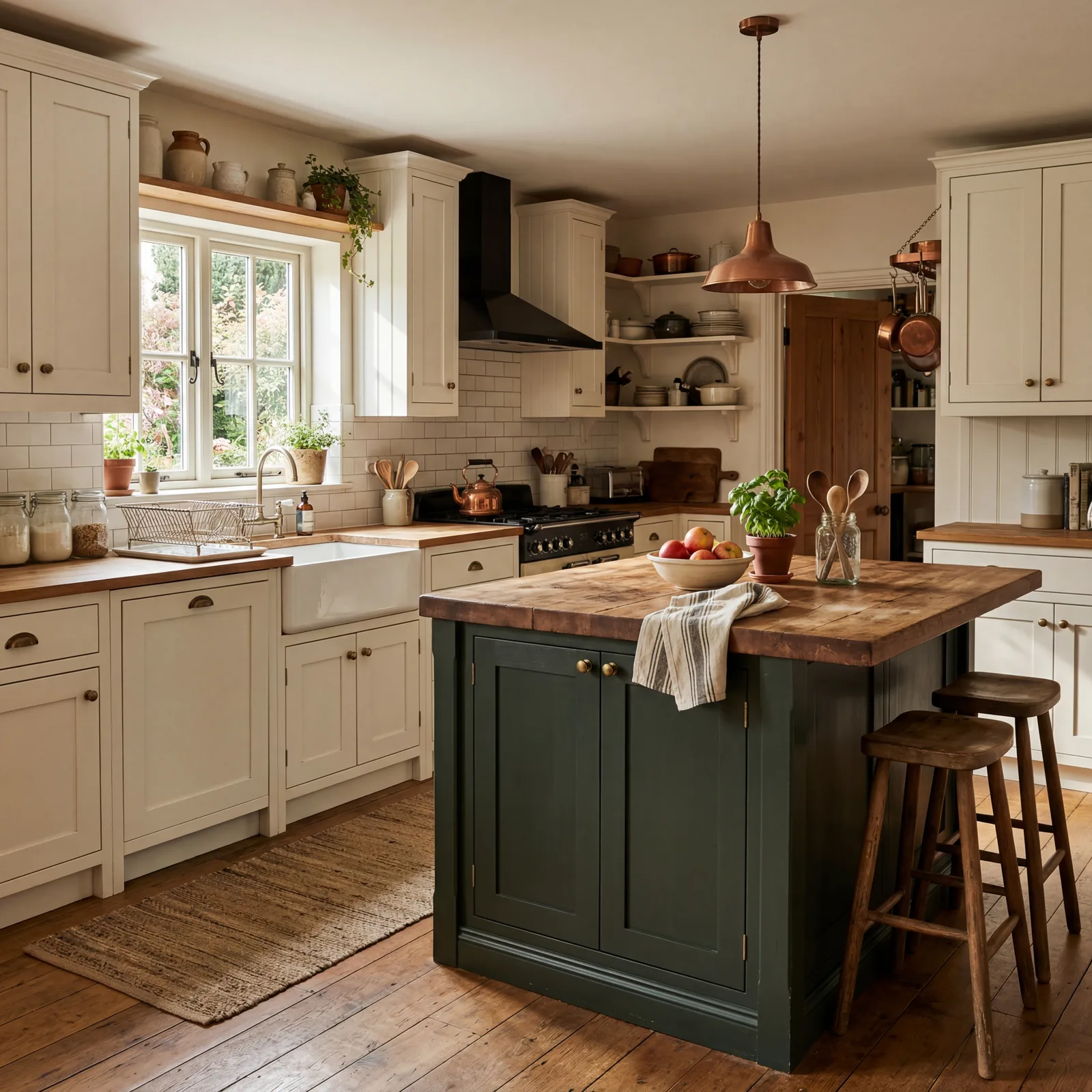 Farmhouse kitchen with cream white upper and lower cabinets and a dark forest green island, butcher block countertop, wa