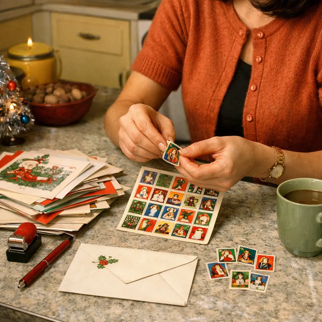 A 1960s kitchen table with a pile of Christmas mail, a woman peeling a decorative Christmas seal from a sheet to put on 