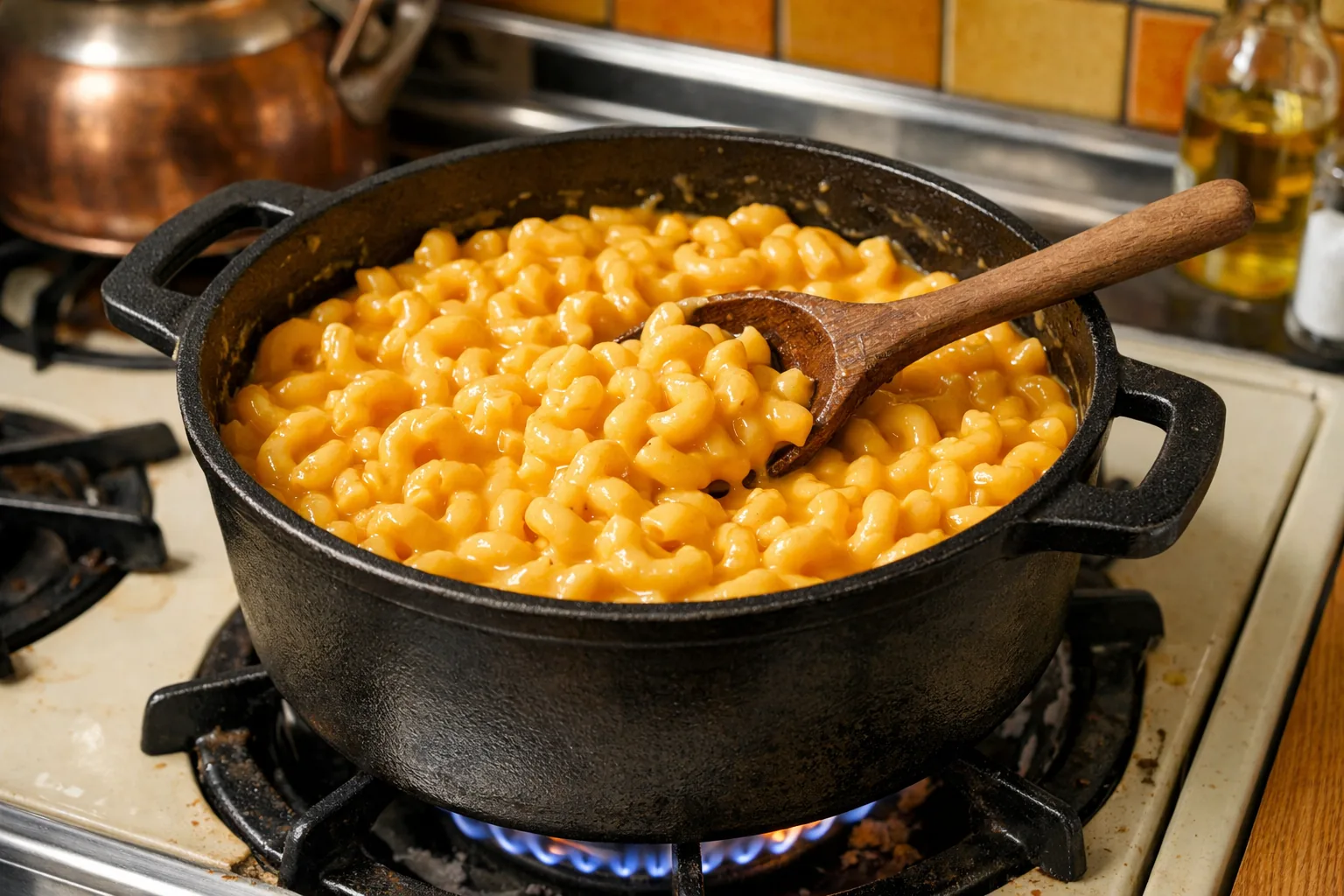 Cast iron pot of thick Velveeta macaroni and cheese being stirred on a 1970s gas stove, orange cheese sauce coating ever