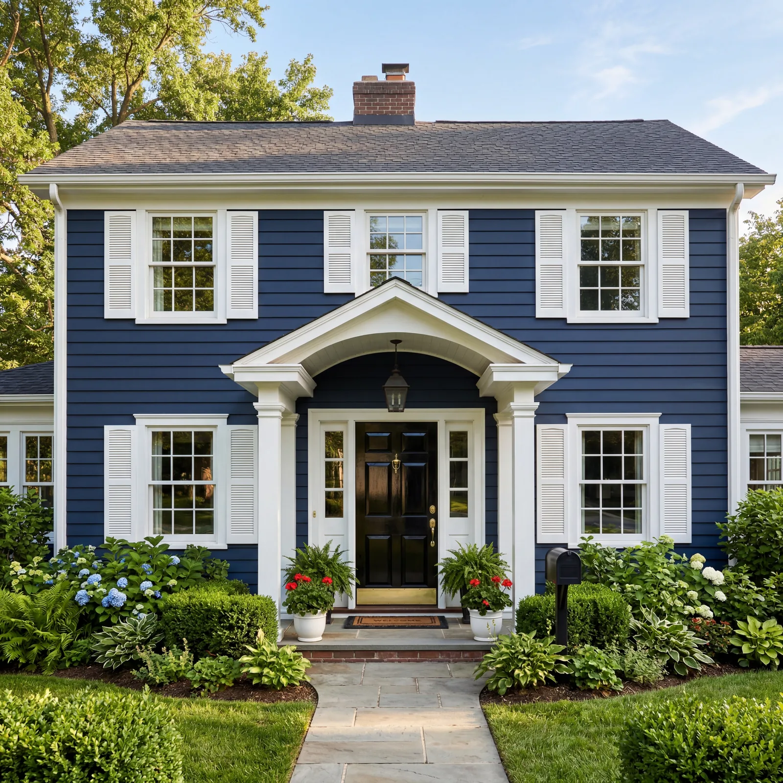 Deep navy blue painted home exterior with bright white window trim and shutters, glossy black front door, lush green lan