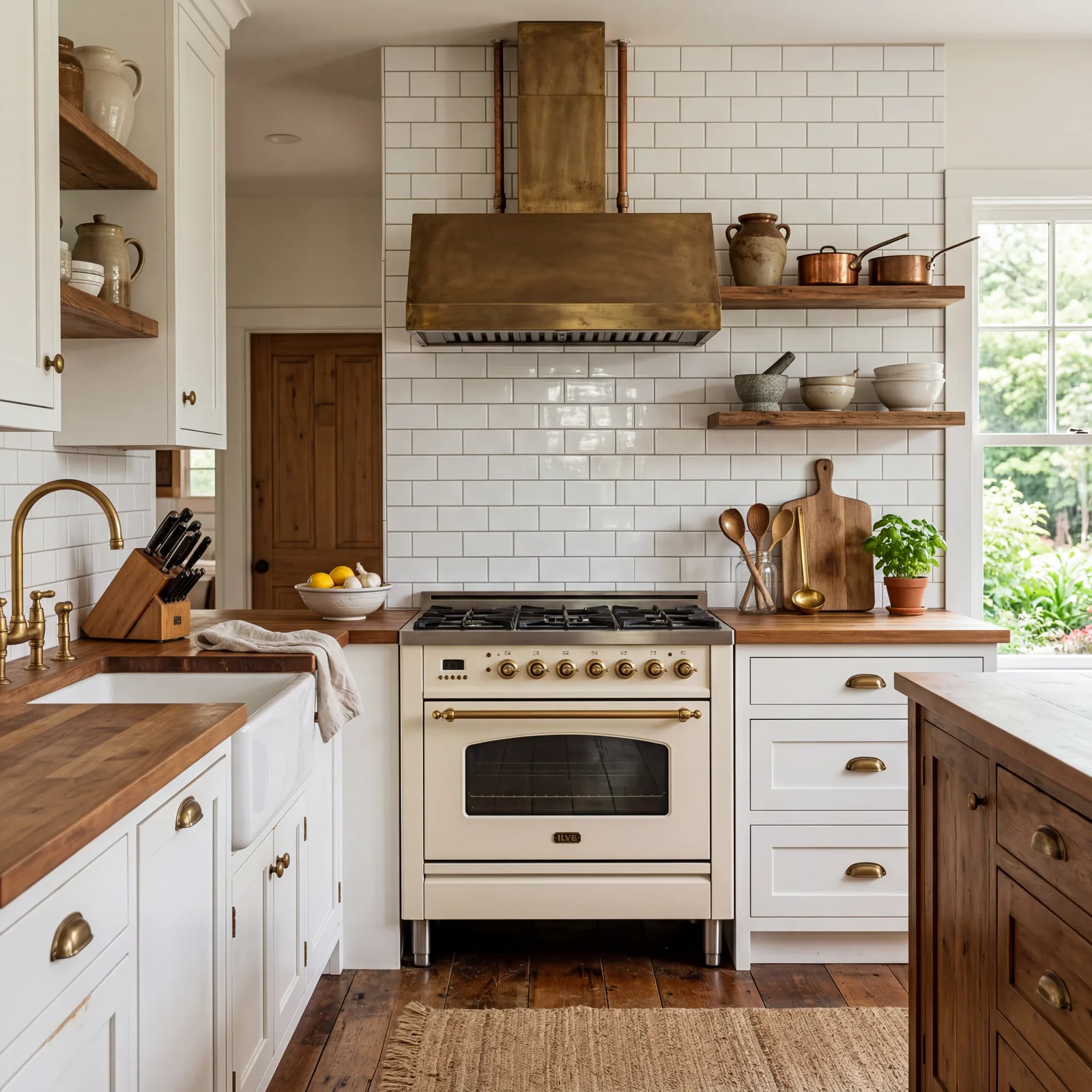 Farmhouse kitchen with white subway tile running floor to ceiling behind a freestanding range, warm light, brass fixture