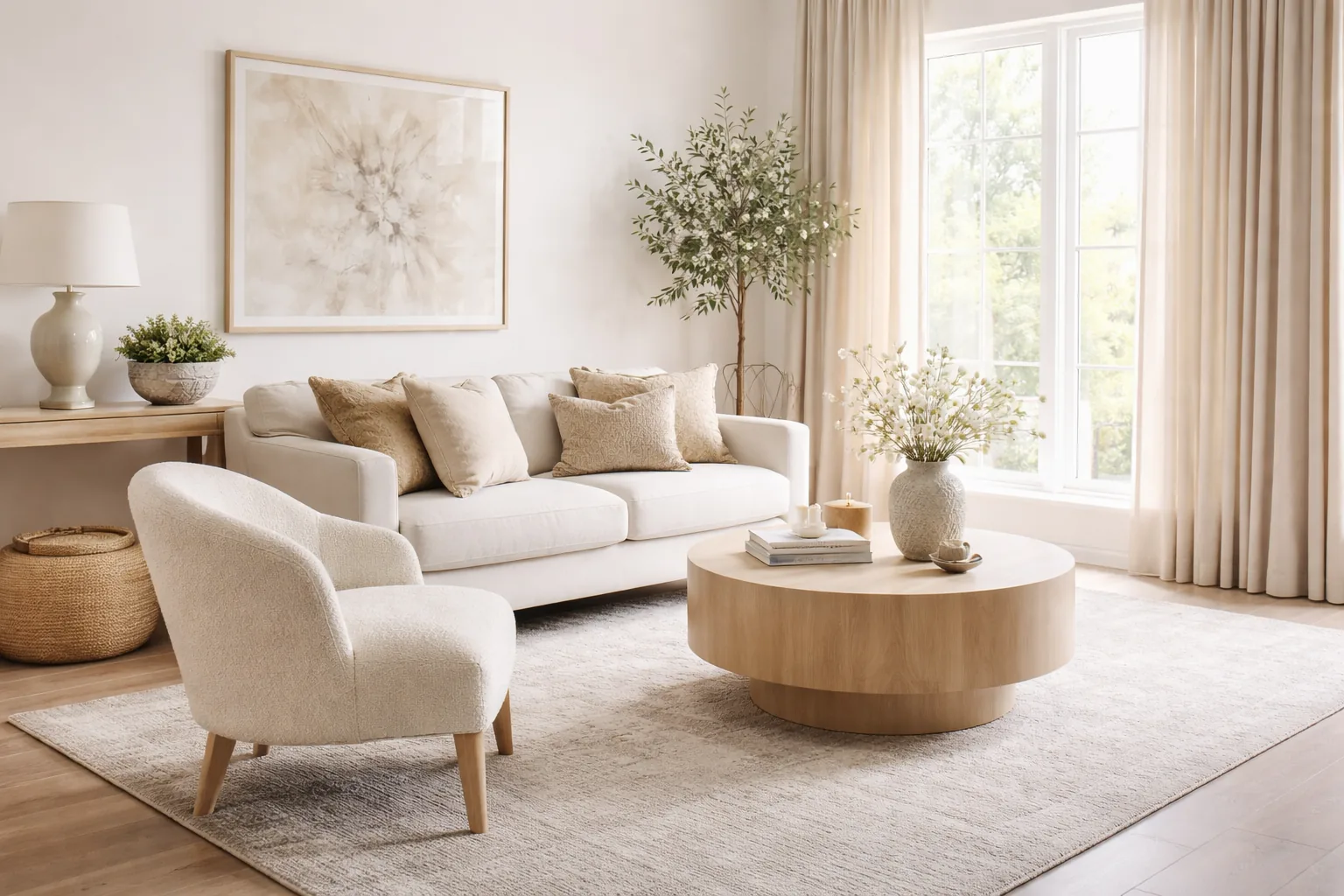 Living room with one accent chair angled slightly rather than square to the room, elegant and intentional