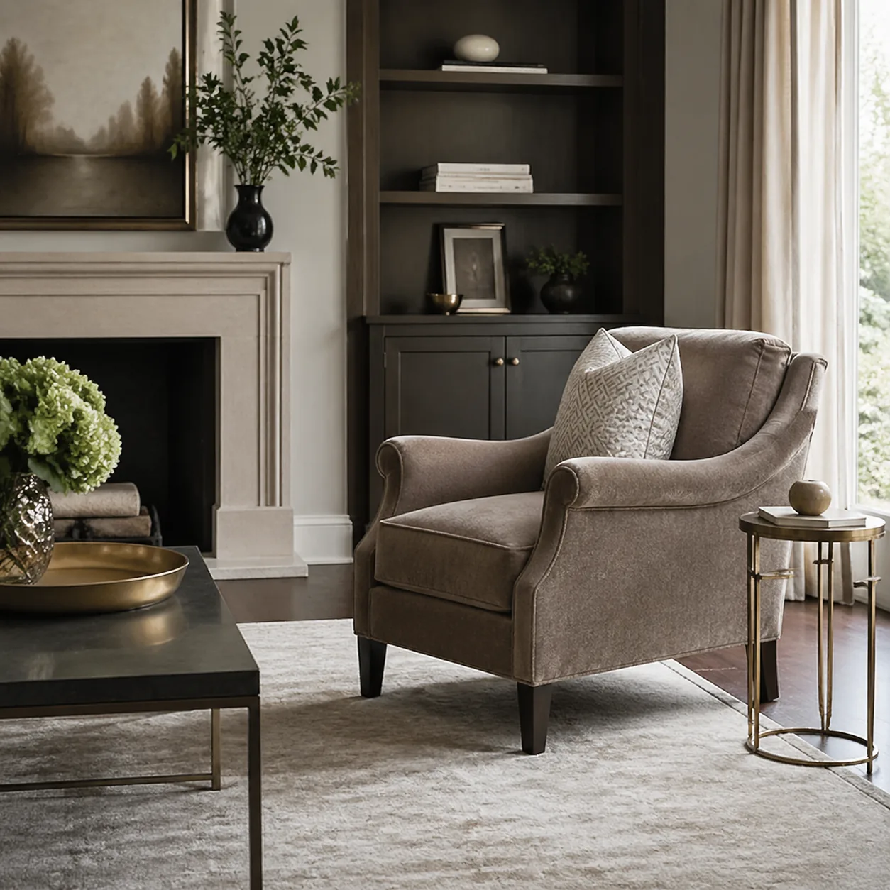 Living room with one accent chair angled slightly rather than square to the room, elegant and intentional