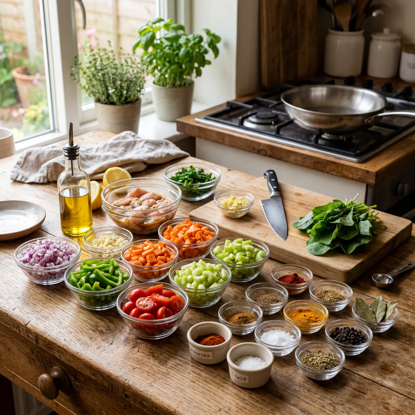 Organized kitchen prep scene with small bowls of chopped vegetables, measured spices, and prepped ingredients on a woode