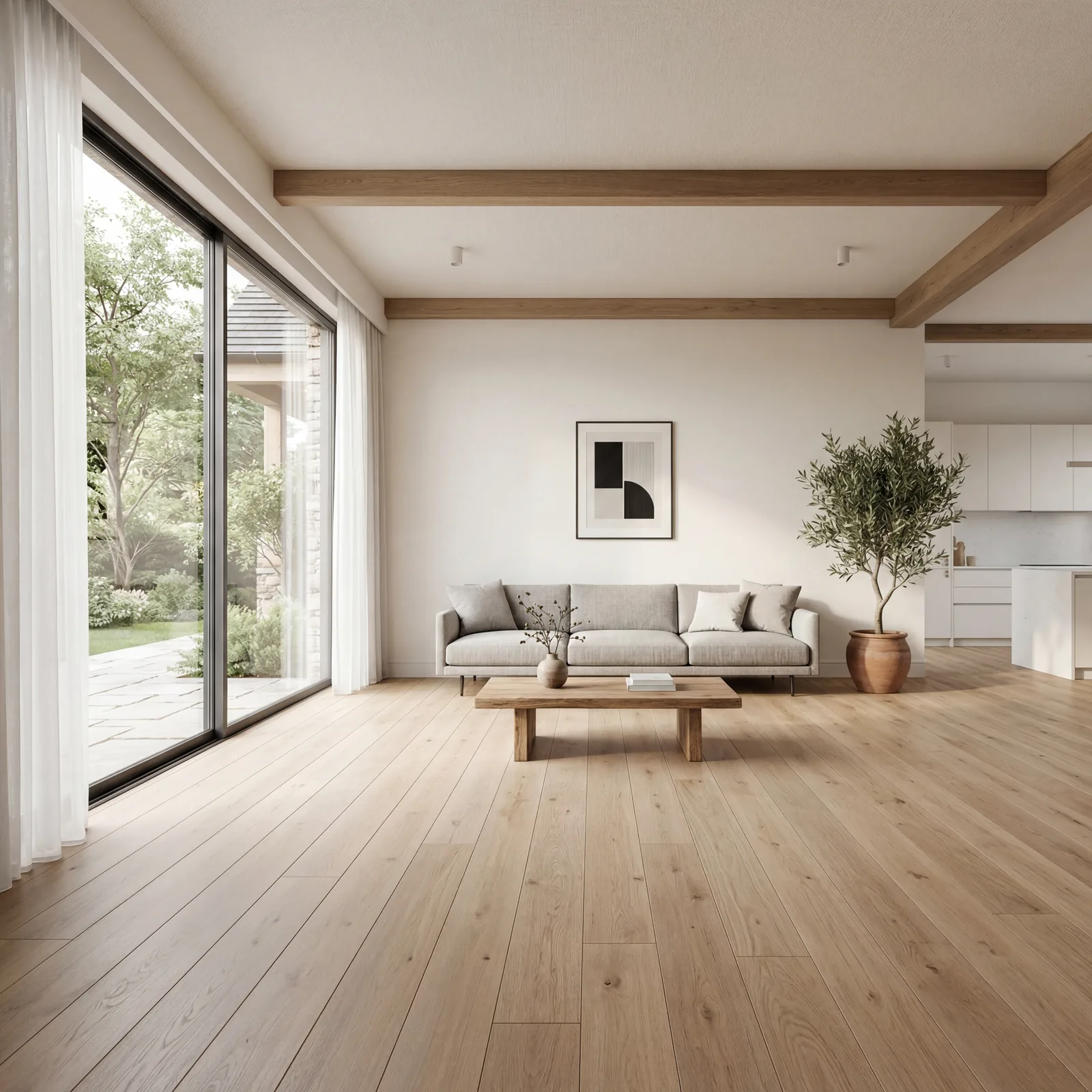 Spacious open living room with minimal furniture, wide open floor space, large window with natural light pouring in, unc